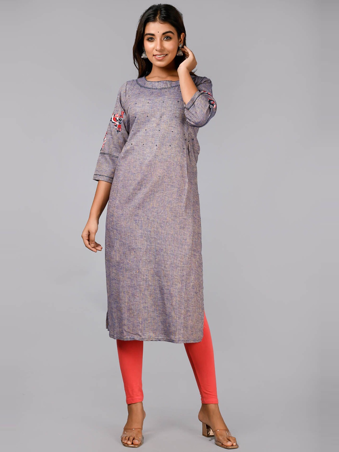 

FASHION DWAR Women Grey & Red Striped Thread Work Cotton Kurta