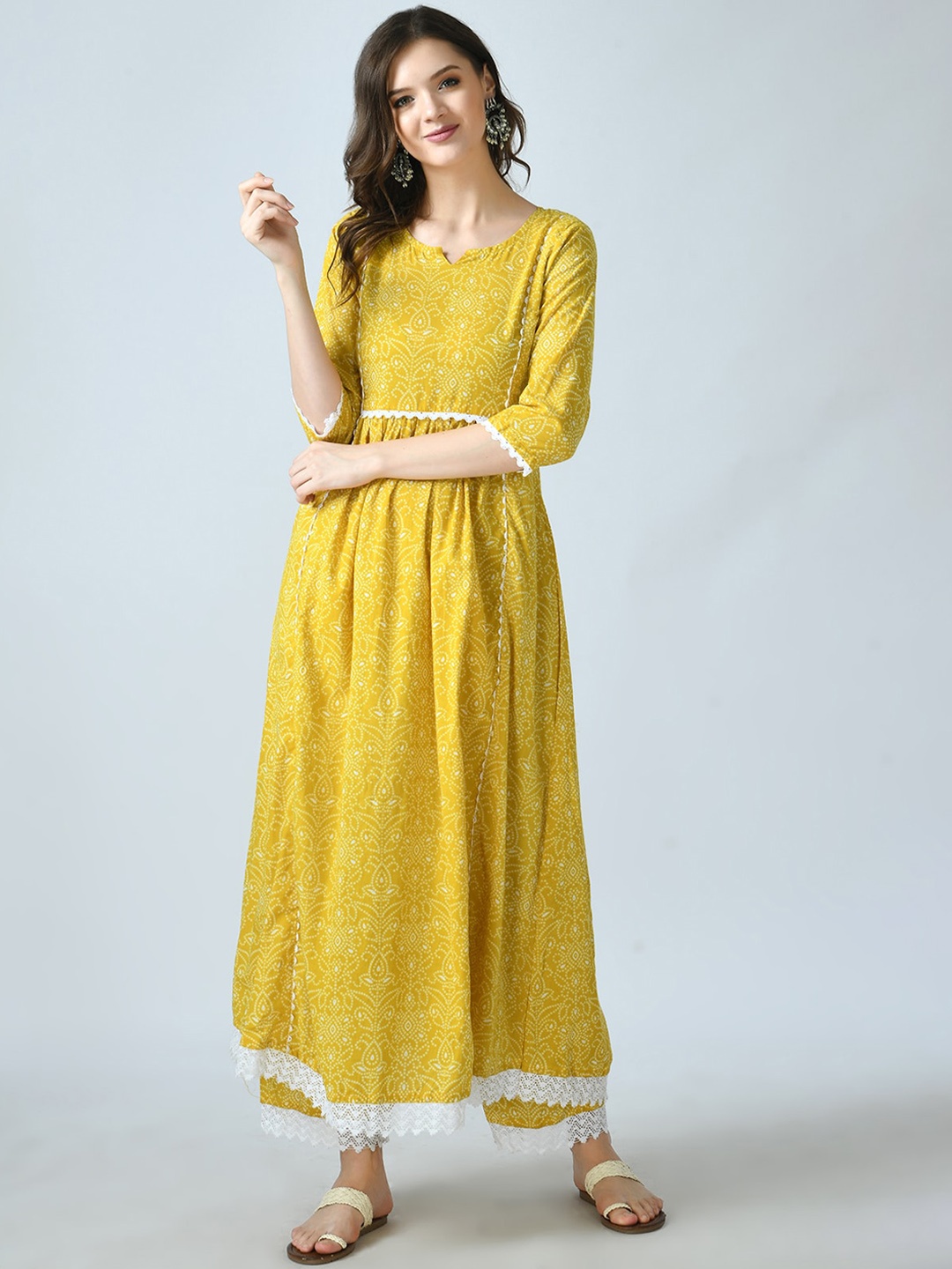 

MAFE Women Yellow Pleated Pure Cotton Kurti with Trousers