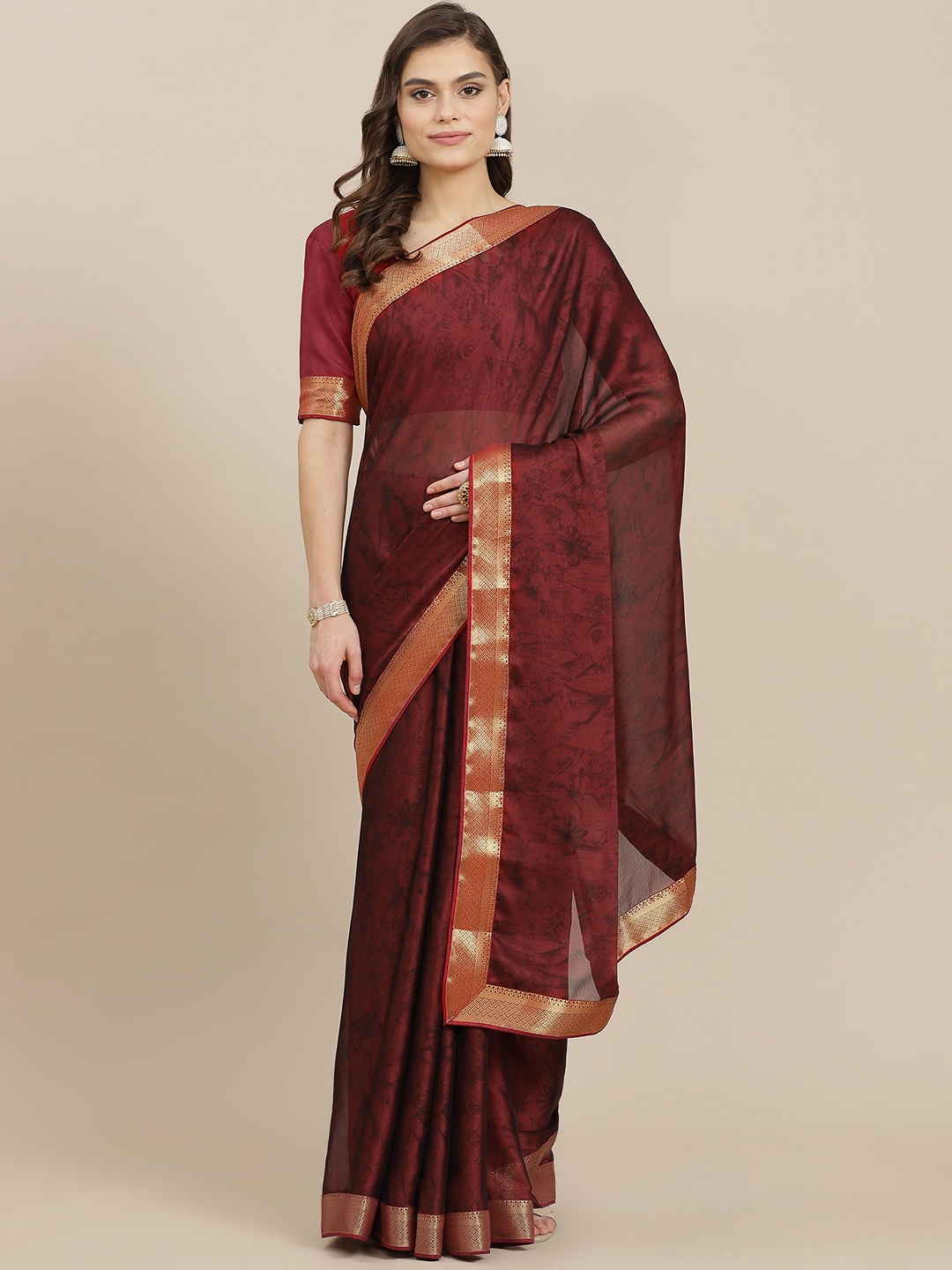 

Mitera Maroon Floral Poly Chiffon Saree