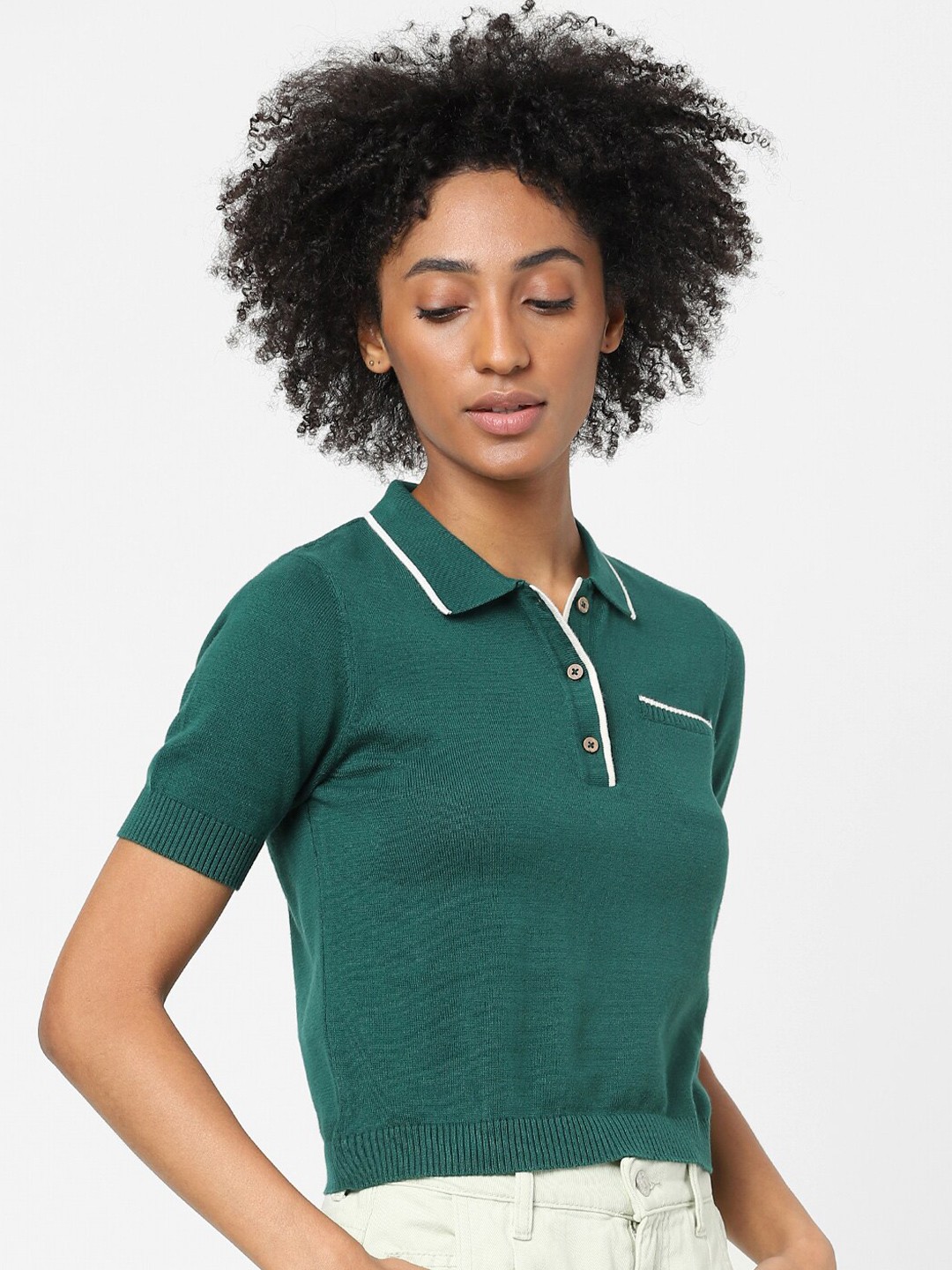

ONLY Women Green Polo Collar Cotton T-shirt