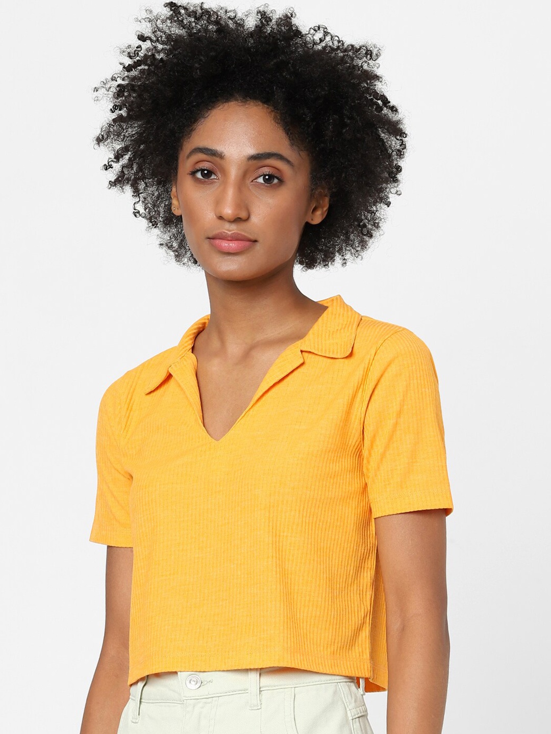 

ONLY Women Yellow Polo Collar Slim Fit T-shirt