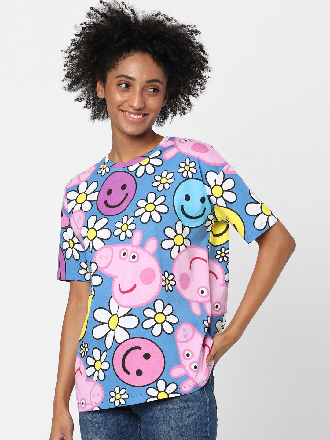 

ONLY Women Blue & Pink Printed Oversized T-shirt
