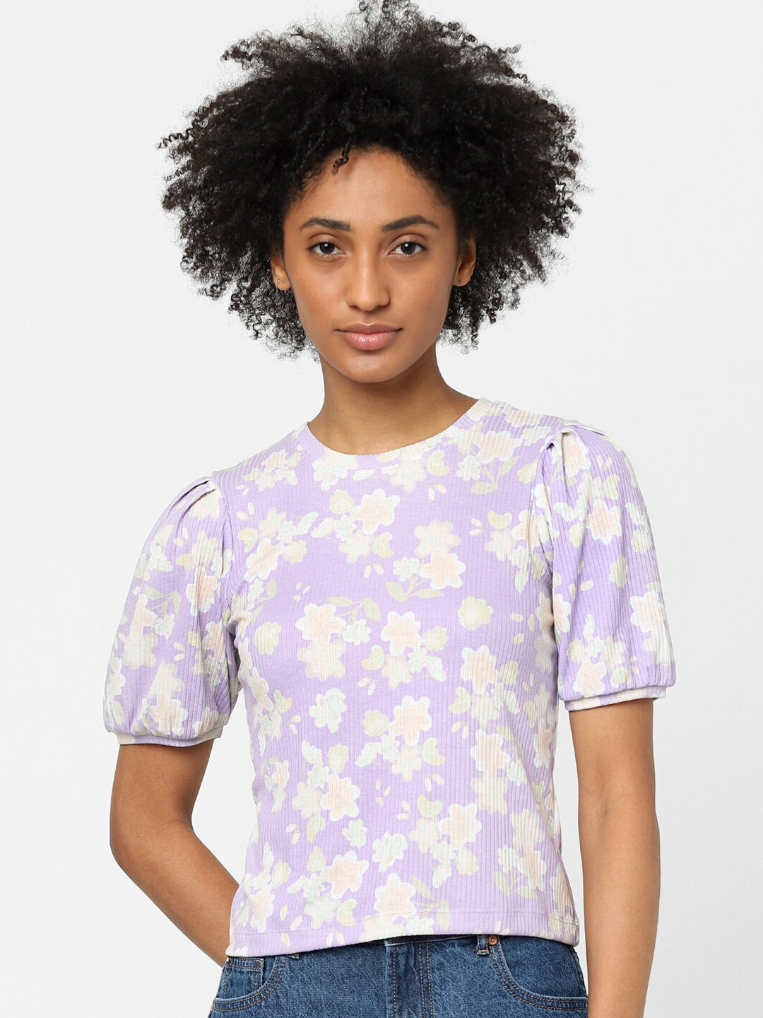 

ONLY Women Purple Floral Printed Puff Sleeves T-shirt