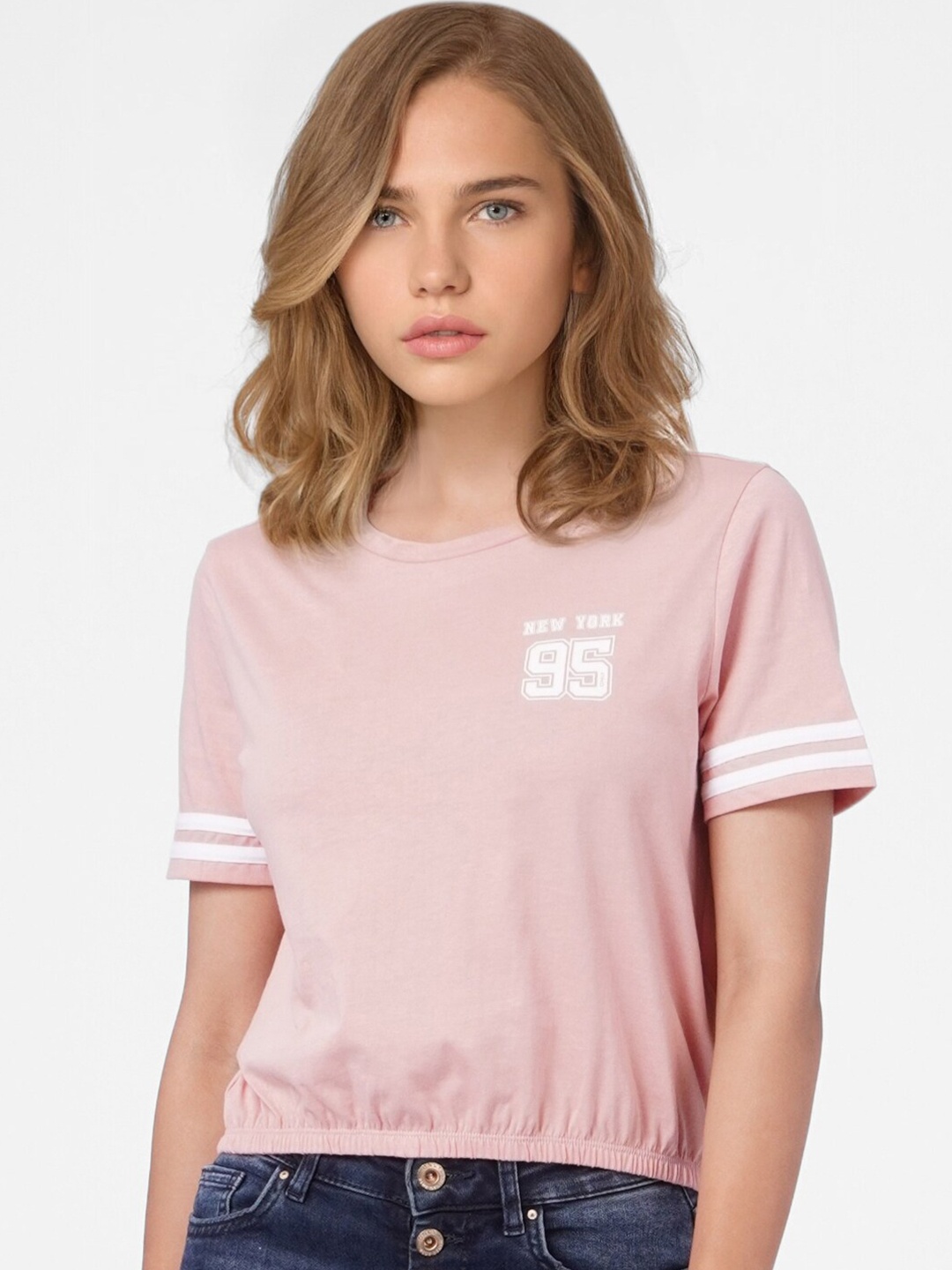 

ONLY Women Pink & White Typography Printed Cotton T-shirt