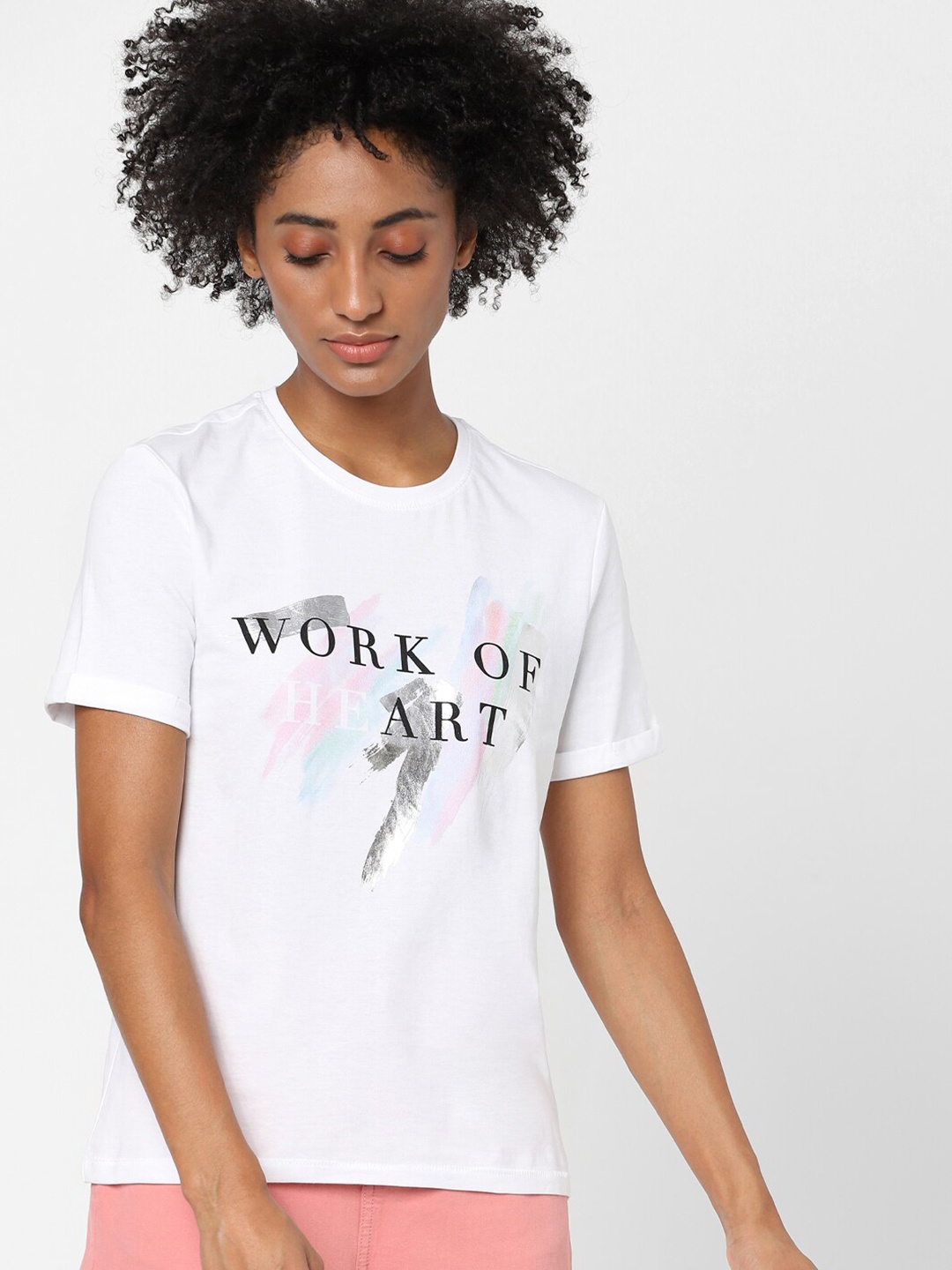 

ONLY Women White Typography Printed Cotton T-shirt