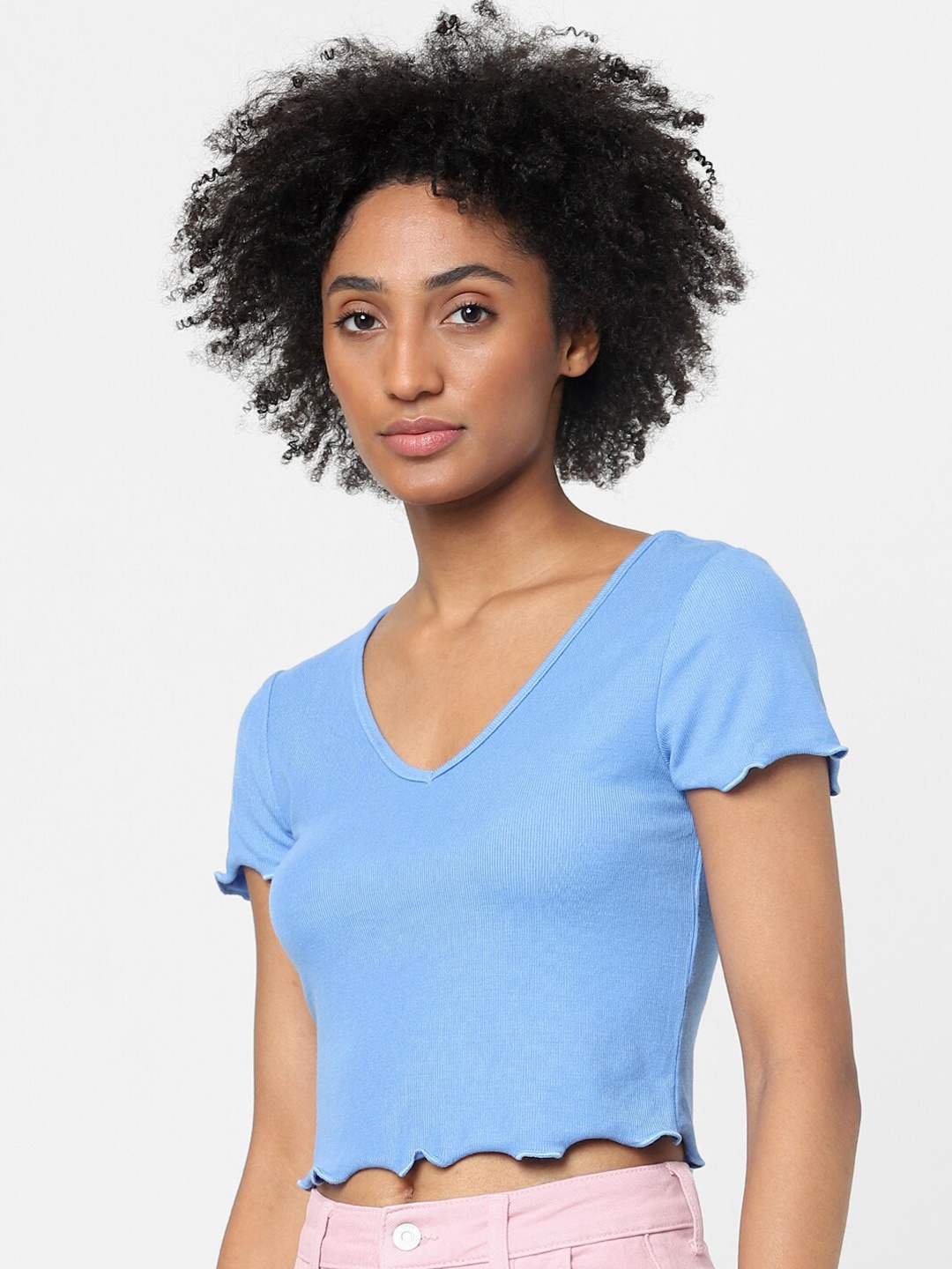 

ONLY Women Blue V-Neck Slim Fit Cotton T-shirt