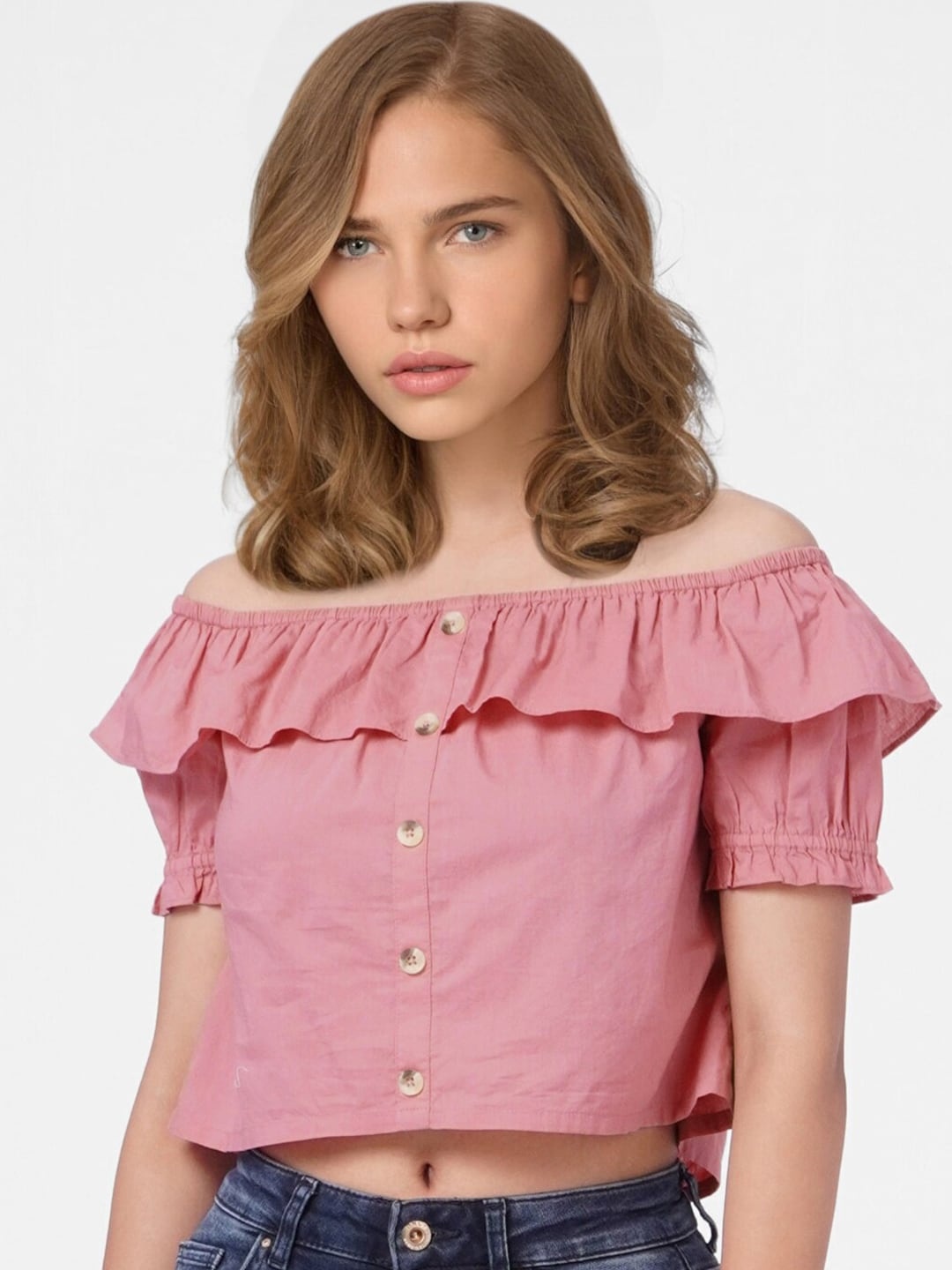 

ONLY Pink Off-Shoulder Ruffles Bardot Crop Top