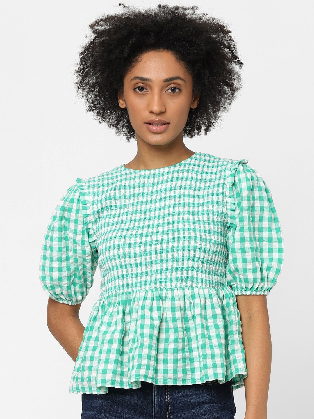 

ONLY Women Green Checked Top