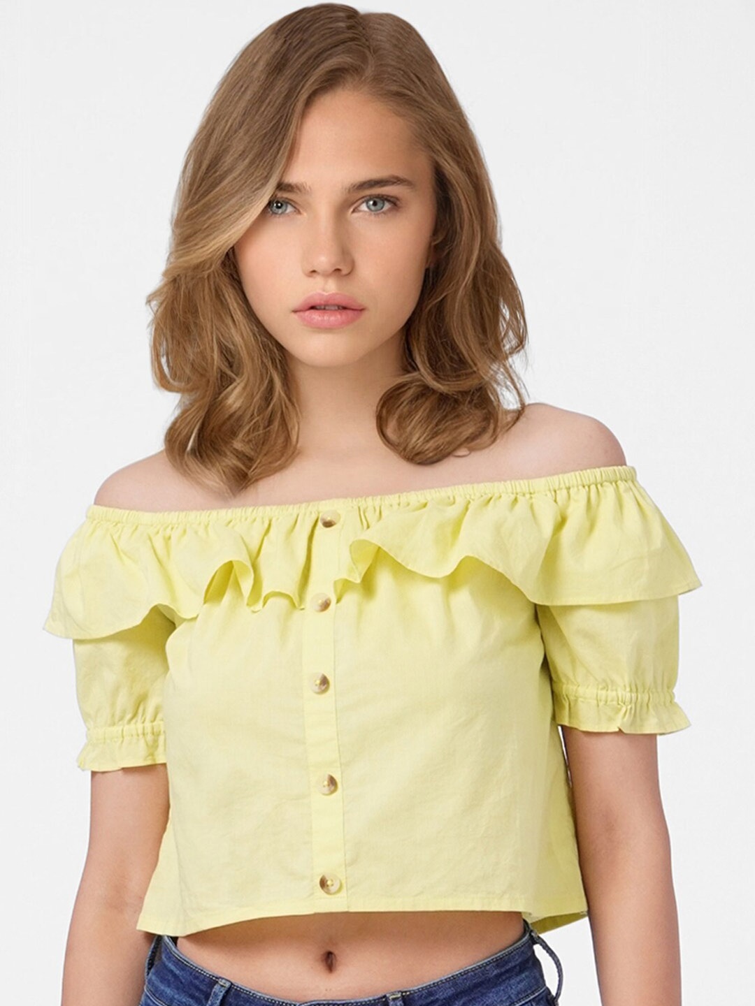 

ONLY Women Green Off-Shoulder Ruffles Bardot Crop Top