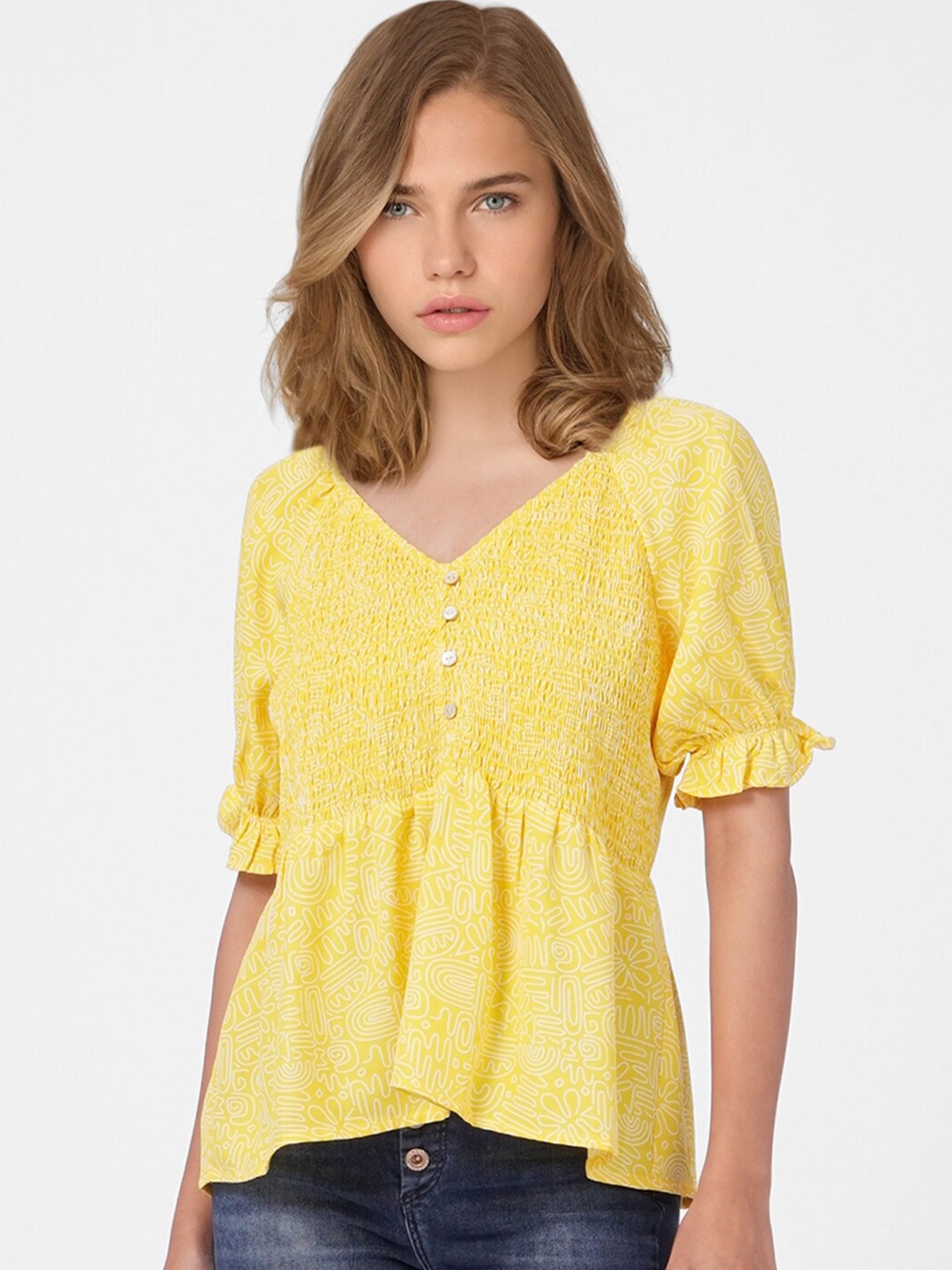 

ONLY Yellow Solid Puff Sleeves Top