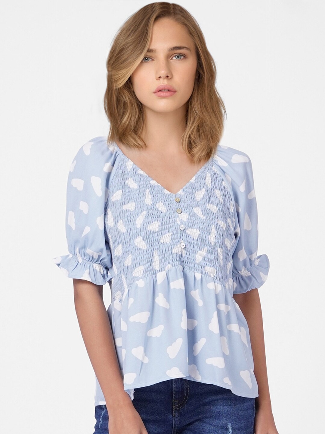 

ONLY Blue & White Printed Smocked Top