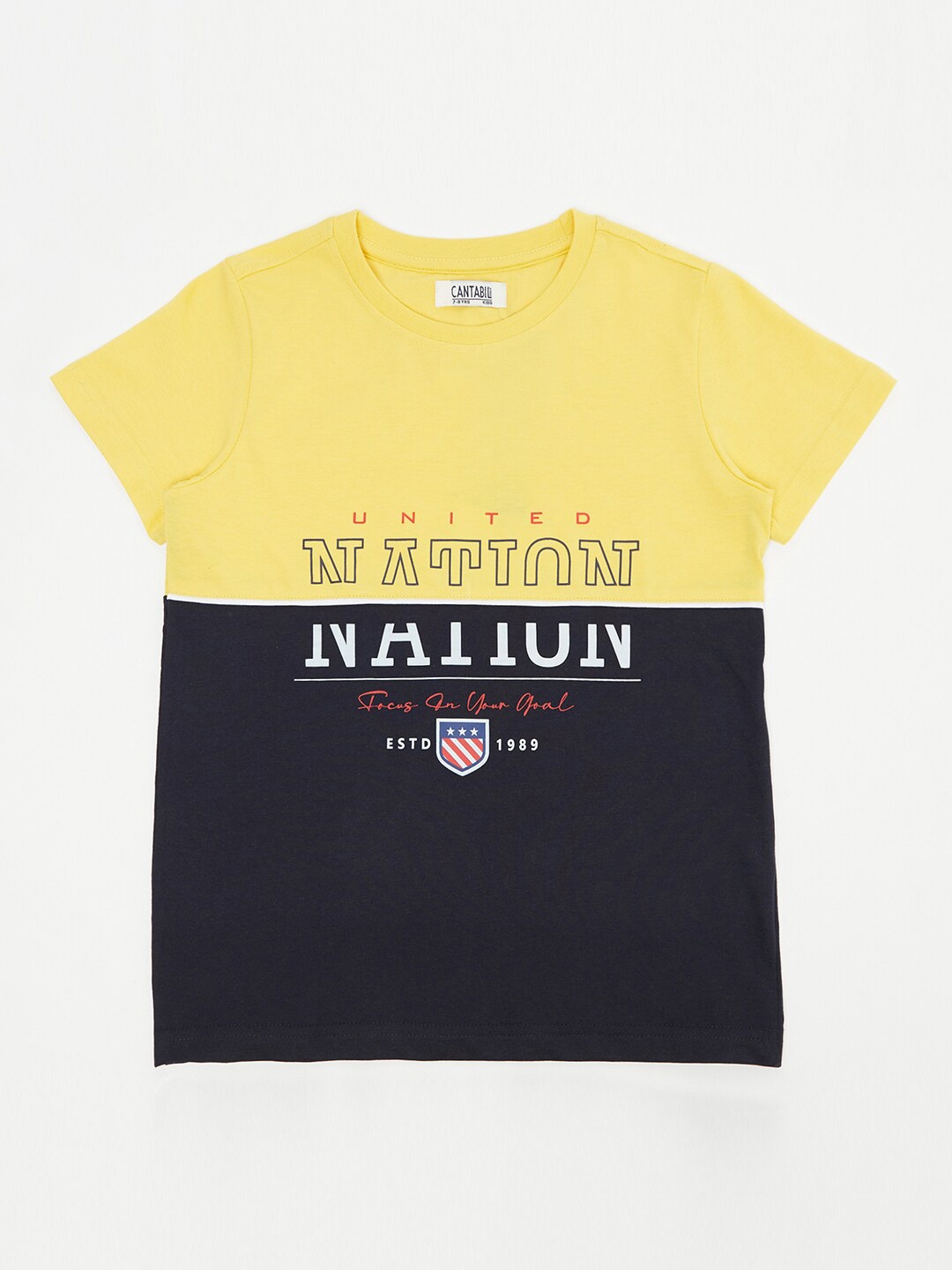 

Cantabil Boys Yellow & Black Colourblocked Cotton T-shirt