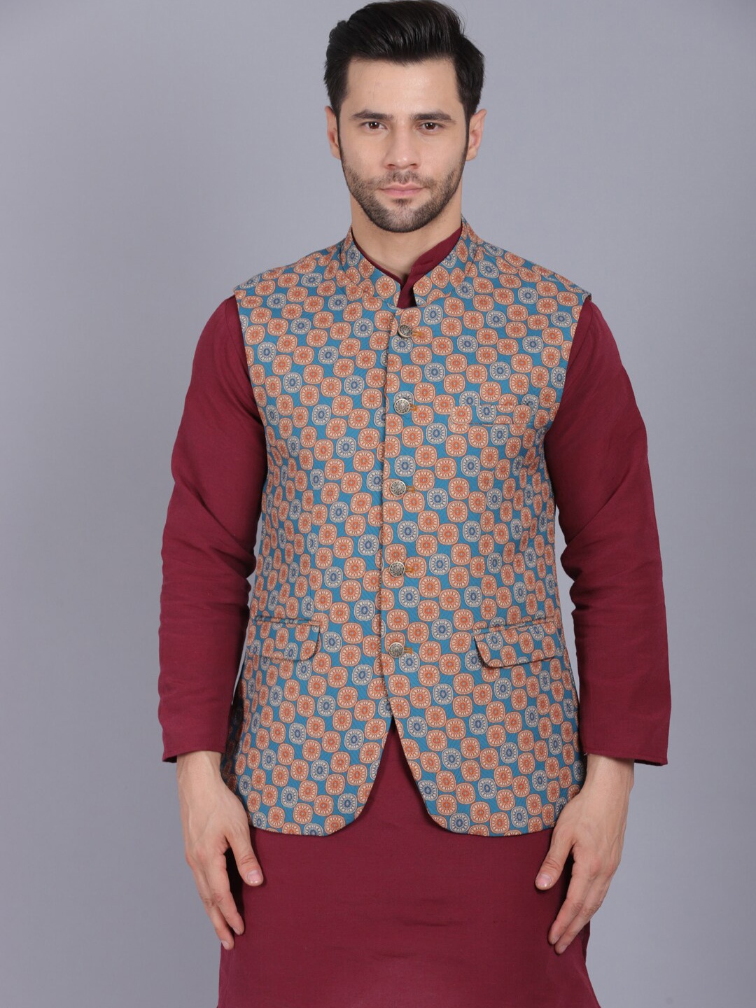 

CANOE Men Turquoise Blue & Orange Printed Nehru Jacket