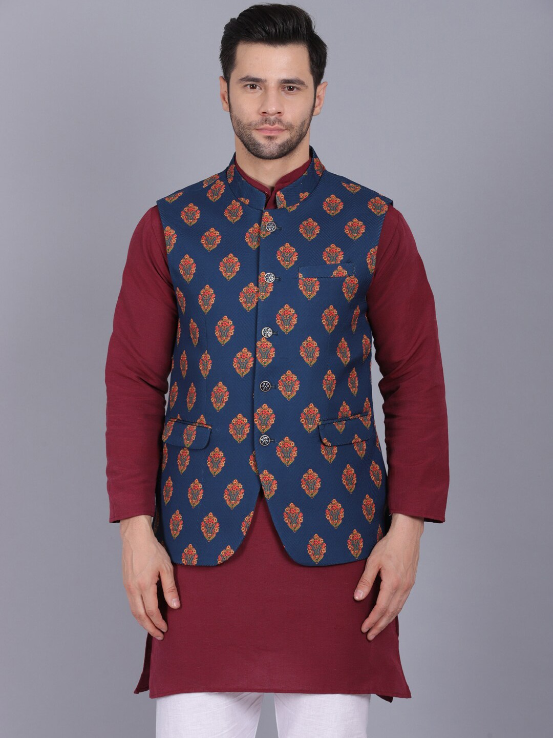 

CANOE Men Blue & Orange Printed Nehru Jacket