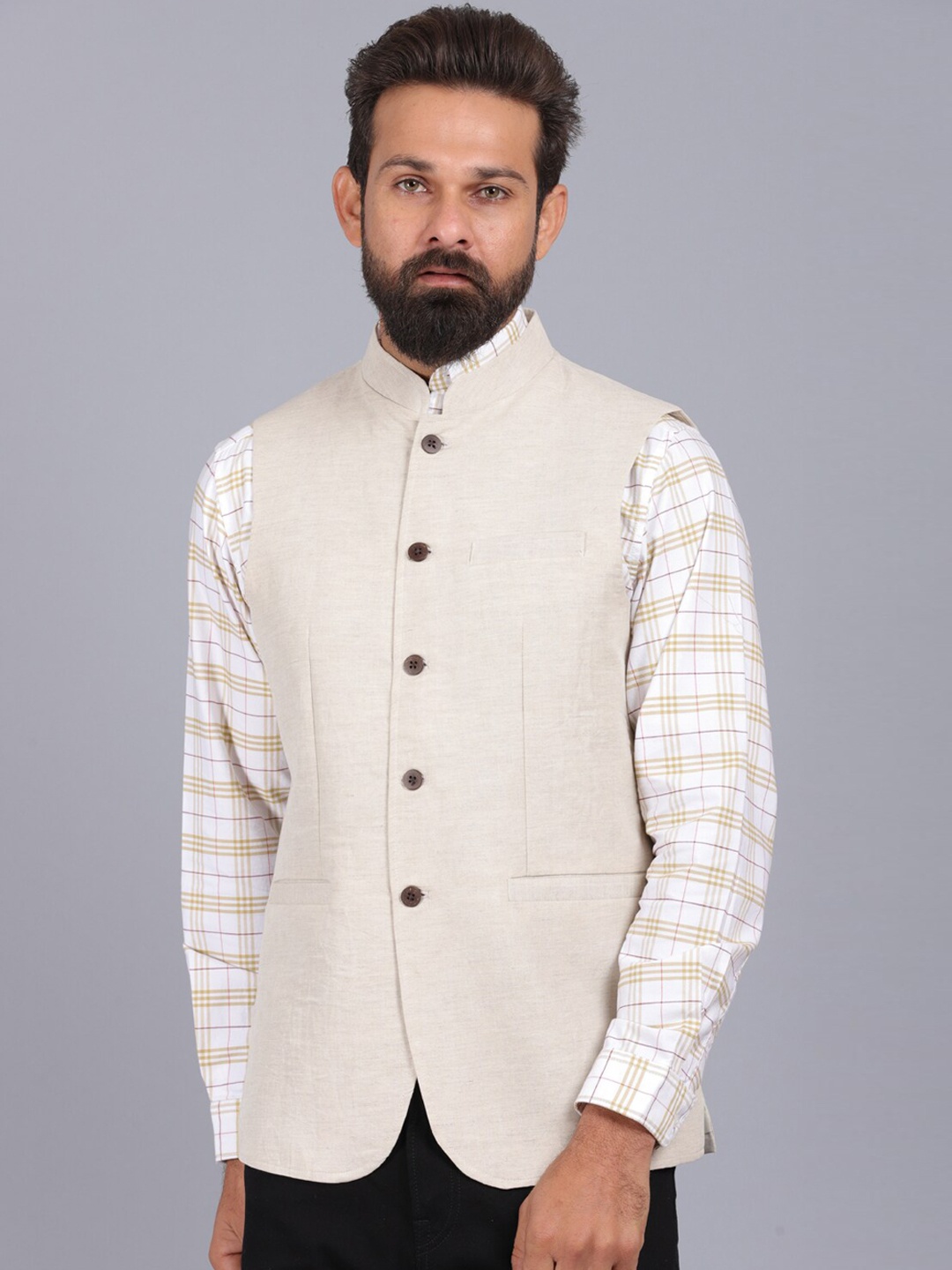 

CANOE Men Cream Coloured Solid Cotton Linen Nehru Jacket