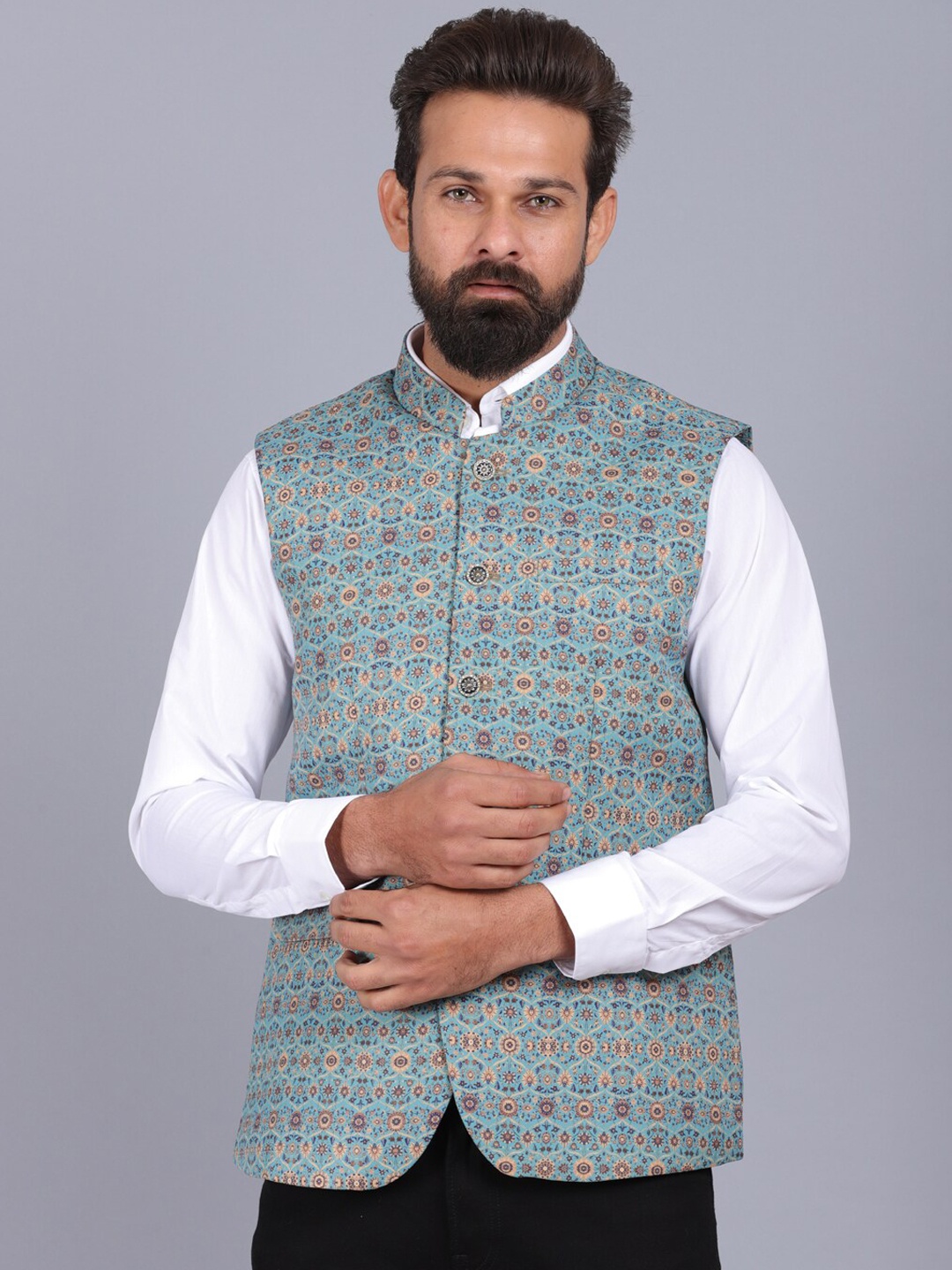 

CANOE Men Blue Printed Nehru Jacket
