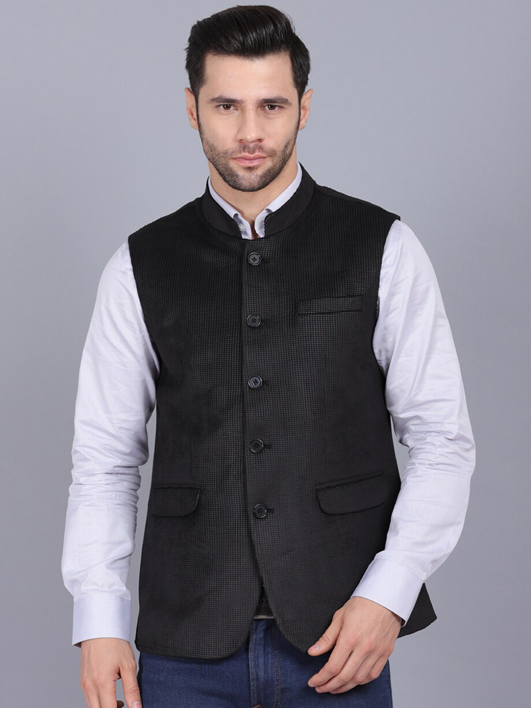 

CANOE Men Black Textured Nehru Jacket