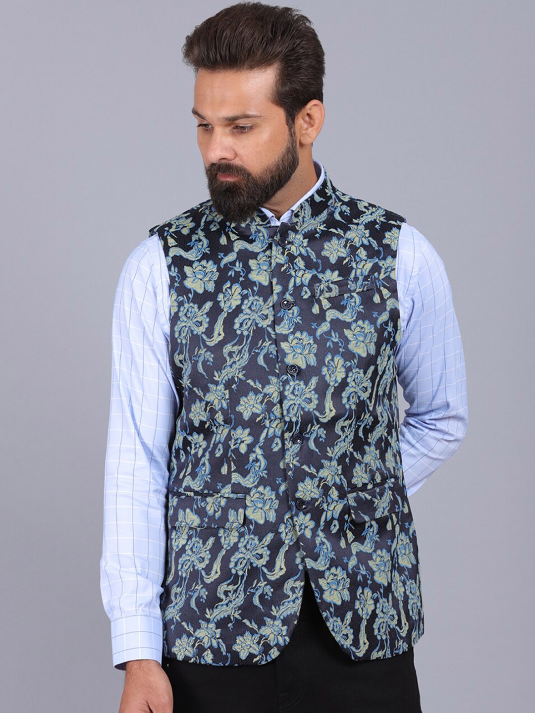 

CANOE Men Blue & Green Printed Nehru Jacket