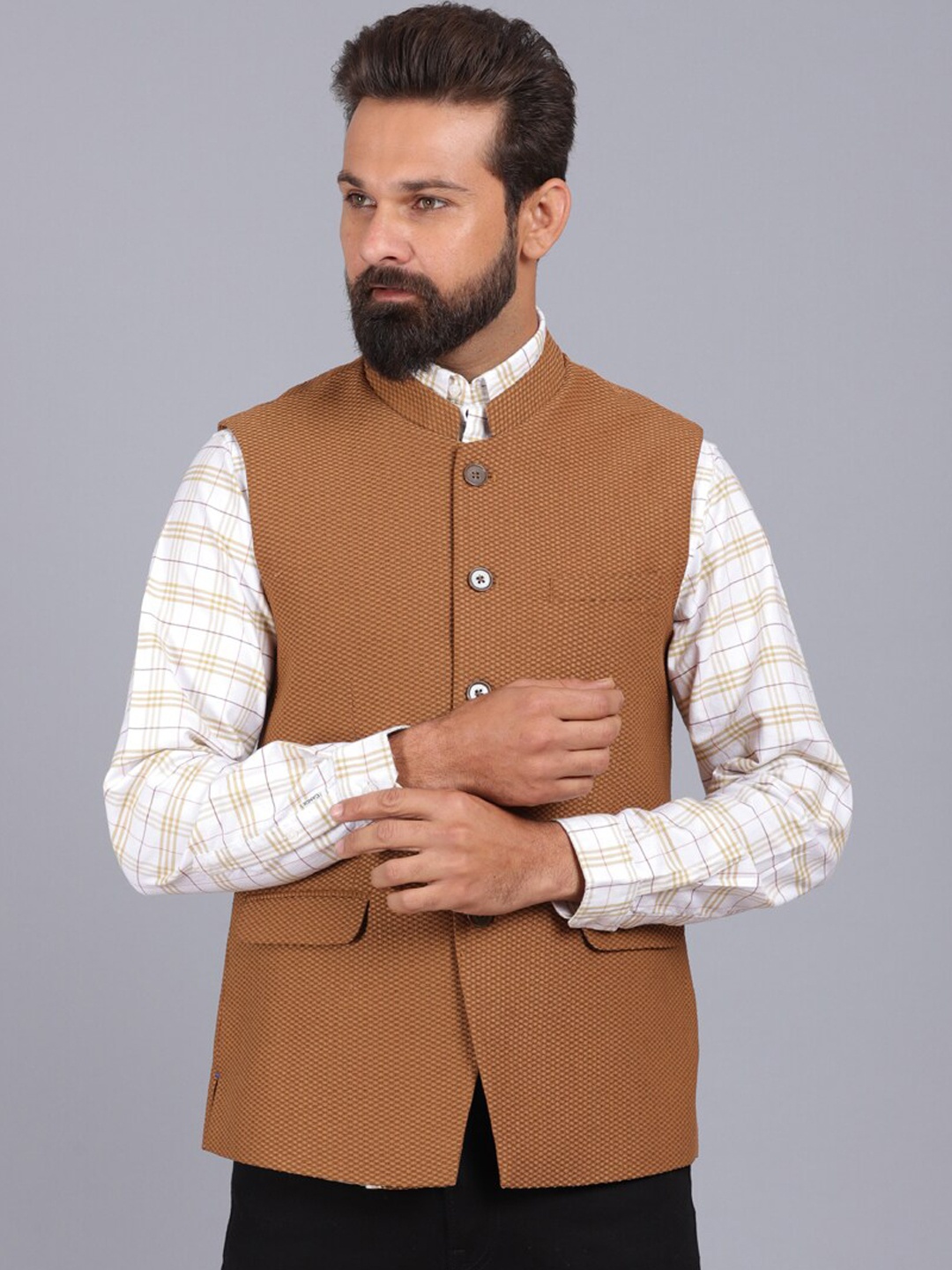 

CANOE Men Tan Brown Textured Nehru Jacket