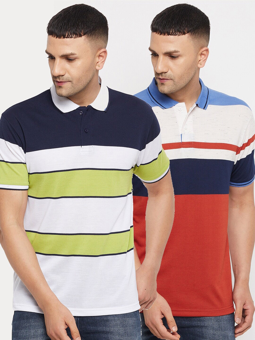 

Parcel Yard Men Multicoloured Pack of 2 Striped Polo Collar T-shirt, Multi