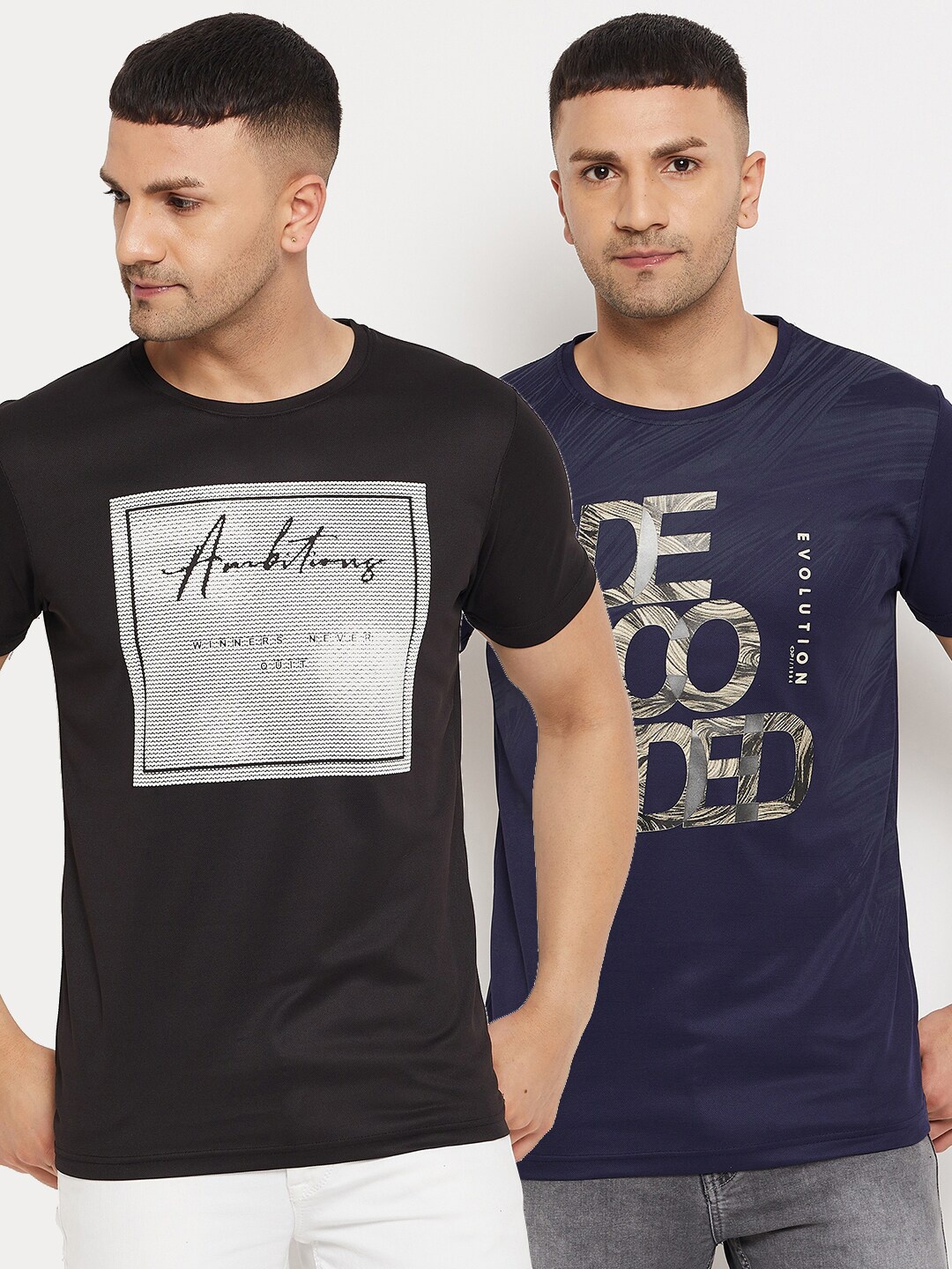 

Parcel Yard Men Black & Navy Blue Pack of 2 Printed Cotton T-shirt