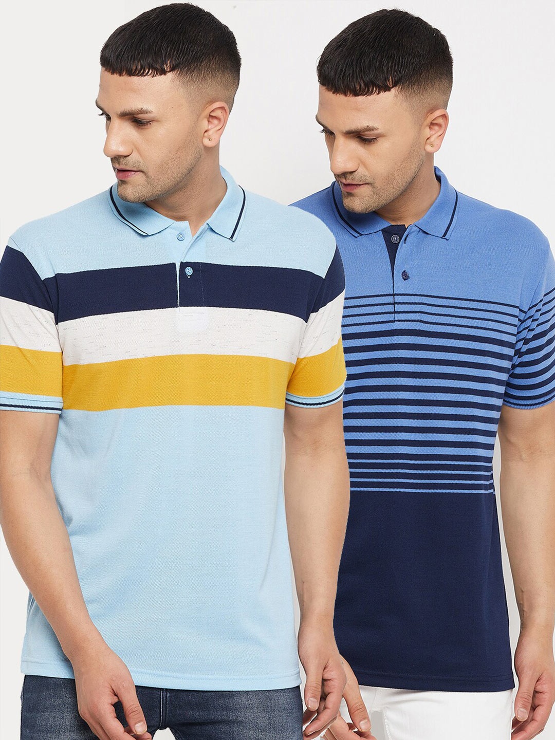 

Parcel Yard Men Blue 2 Striped Polo Collar Cotton T-shirt