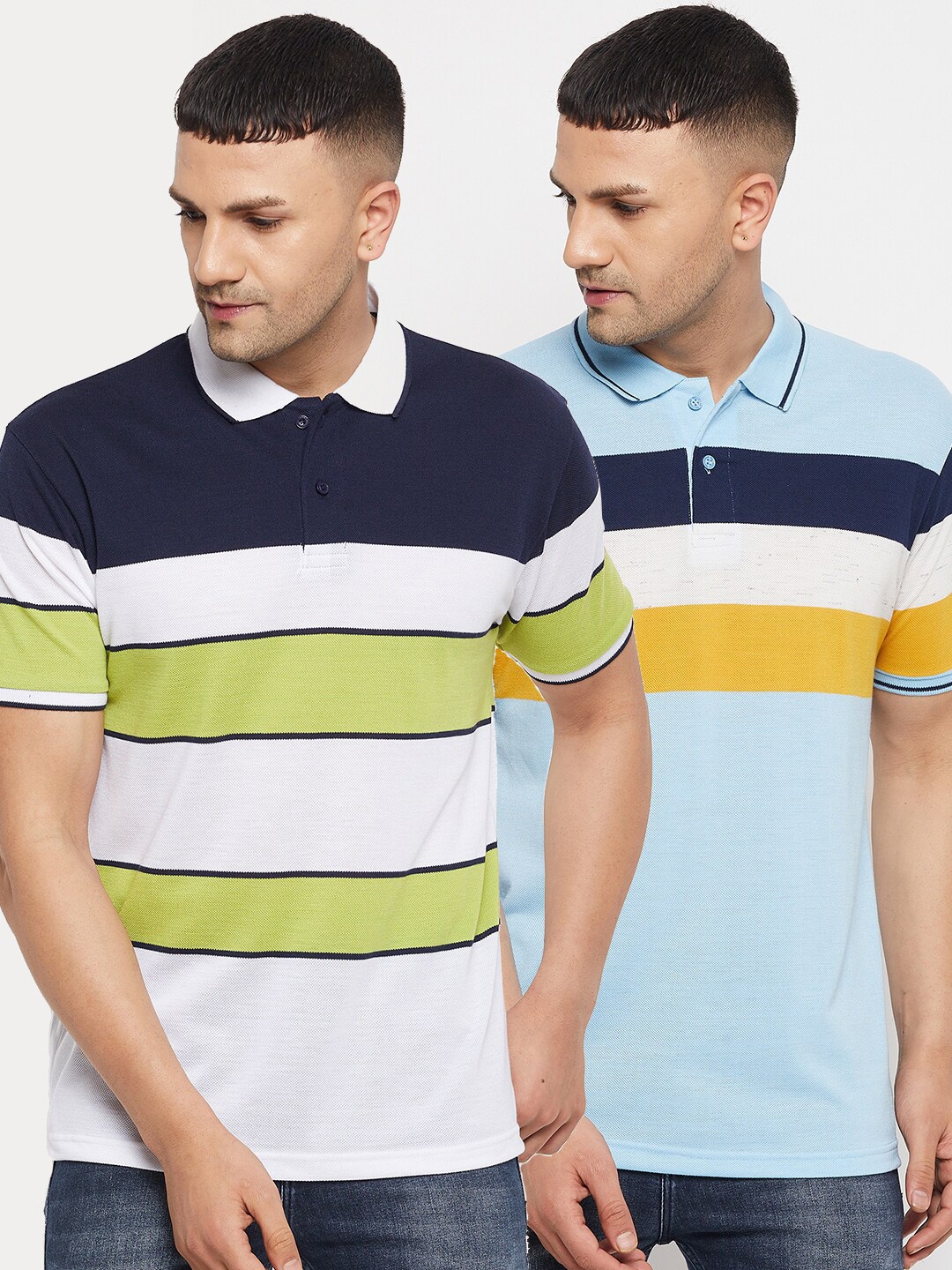 

Parcel Yard Men Multicoloured Set Of 2 Striped Polo Collar Cotton T-shirt, Multi