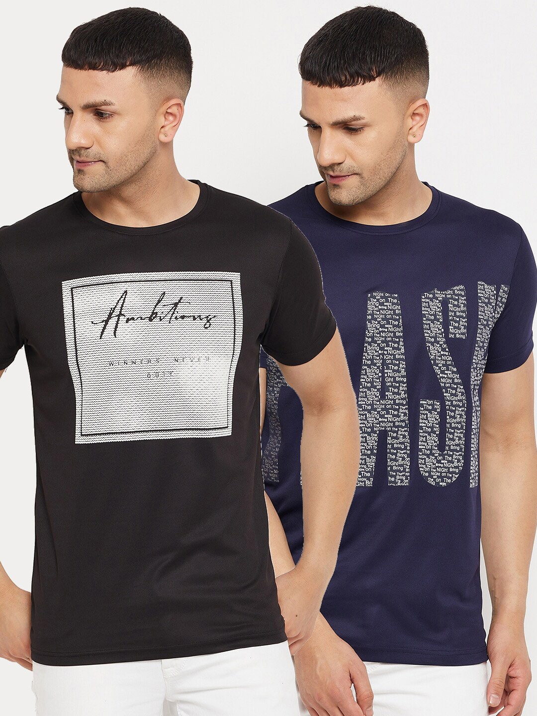 

Parcel Yard Men Black & Navy Blue Typography Set Of 2 Printed Cotton T-shirt