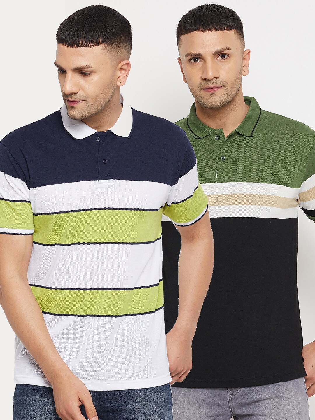 

Parcel Yard Men Multicoloured Pack of 2 Striped Polo Collar Cotton T-shirt, Multi
