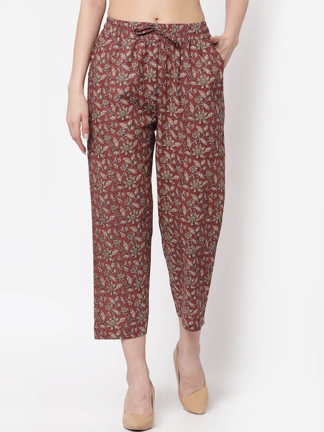 

KLOTTHE Women Brown & Off White Printed Comfort Slim Fit Easy Wash Cotton Trousers