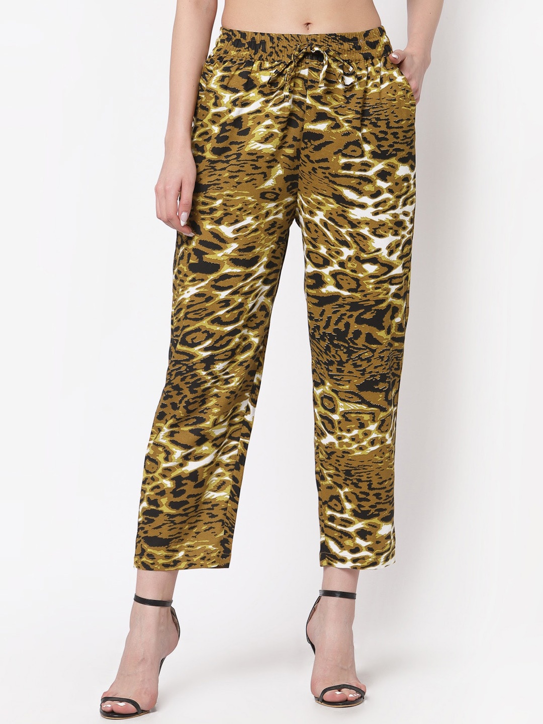 

KLOTTHE Women Brown Animal Printed Comfort Slim Fit Easy Wash Trousers