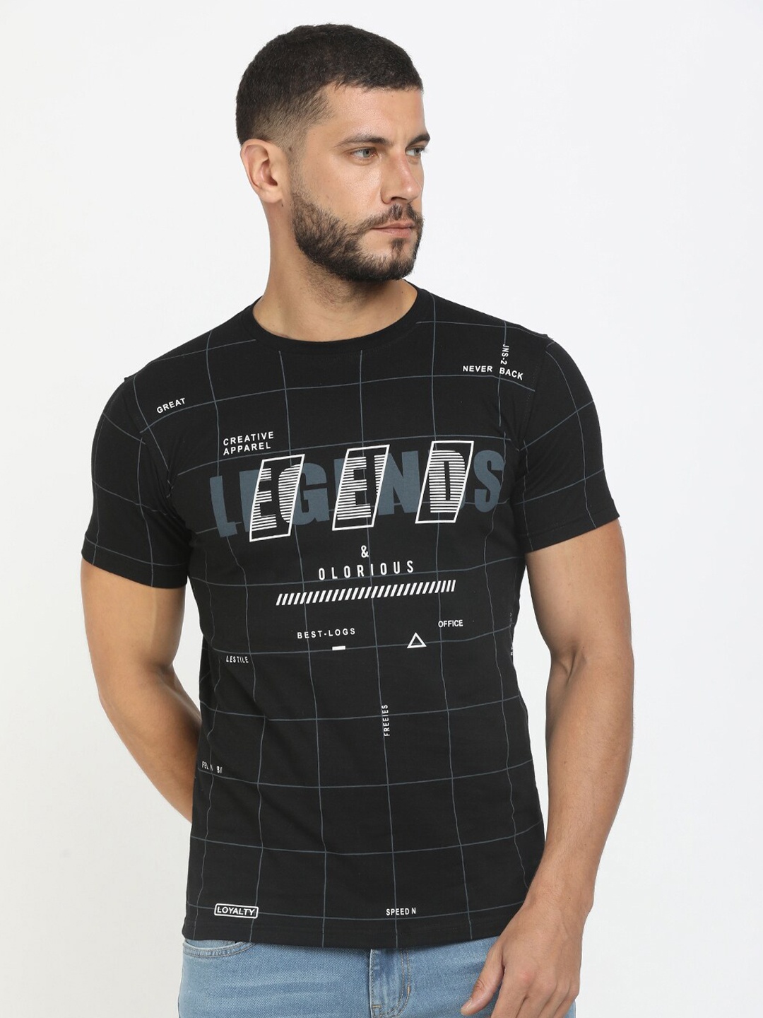

V-Mart Men Black & Blue Typography Print Slim Fit Cotton T-shirt