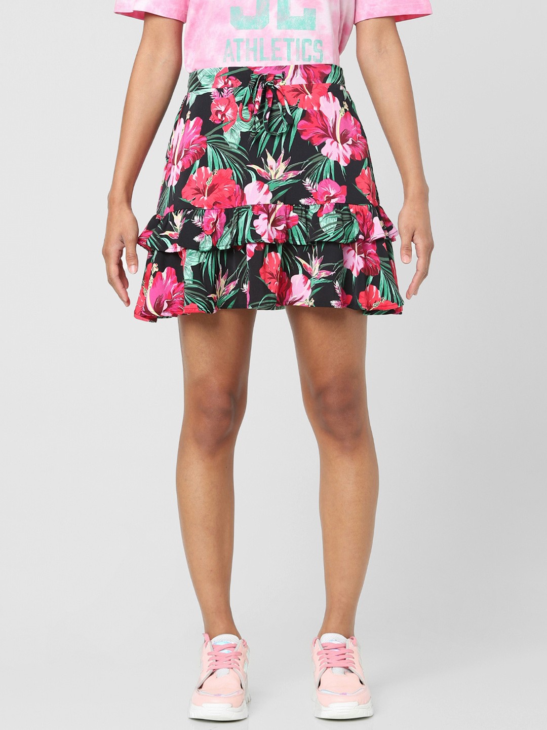 

ONLY Women Black & Pink Printed Mini Skirt