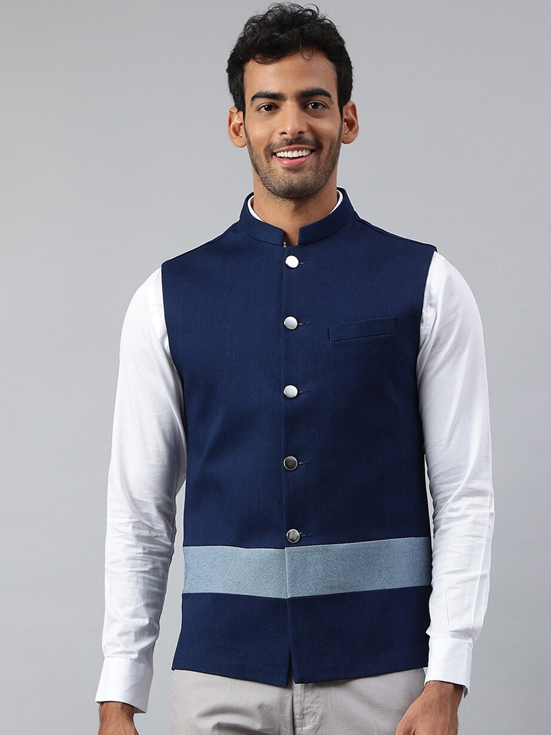 

MR BUTTON Men Navy Blue Solid Nehru Jackets