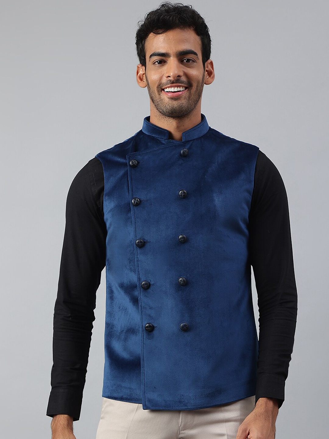 

MR BUTTON Men Blue Solid Woven Nehru Jacket