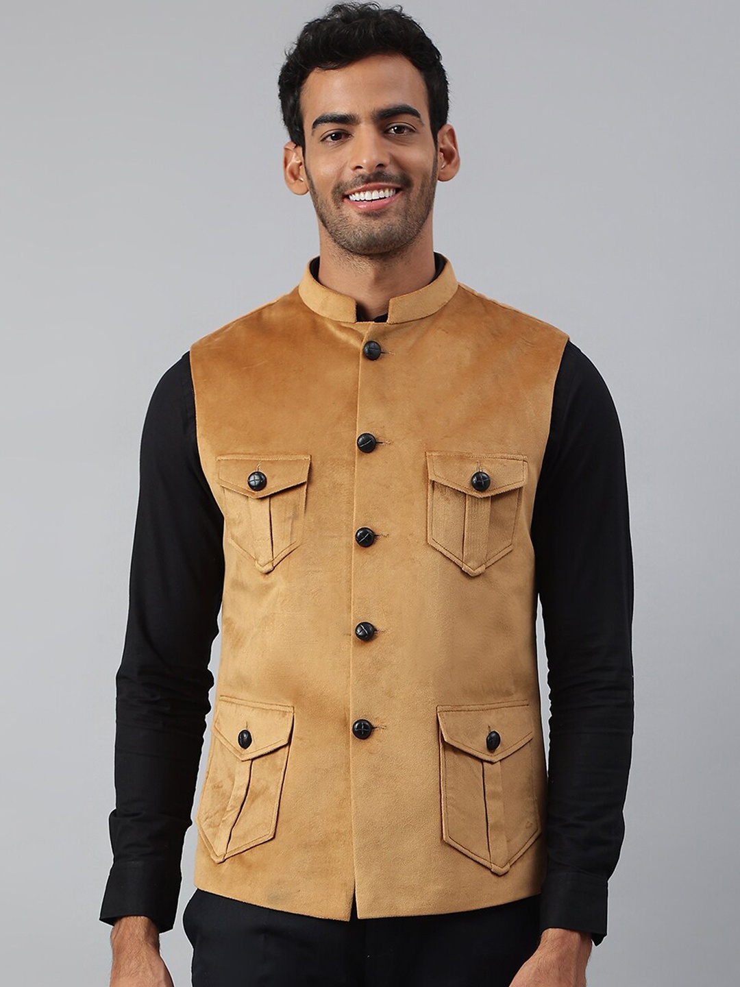 

MR BUTTON Men Brown Solid Nehru Jacket