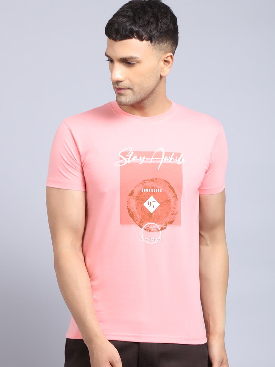

Rodamo Men Pink Printed Slim Fit Cotton T-shirt