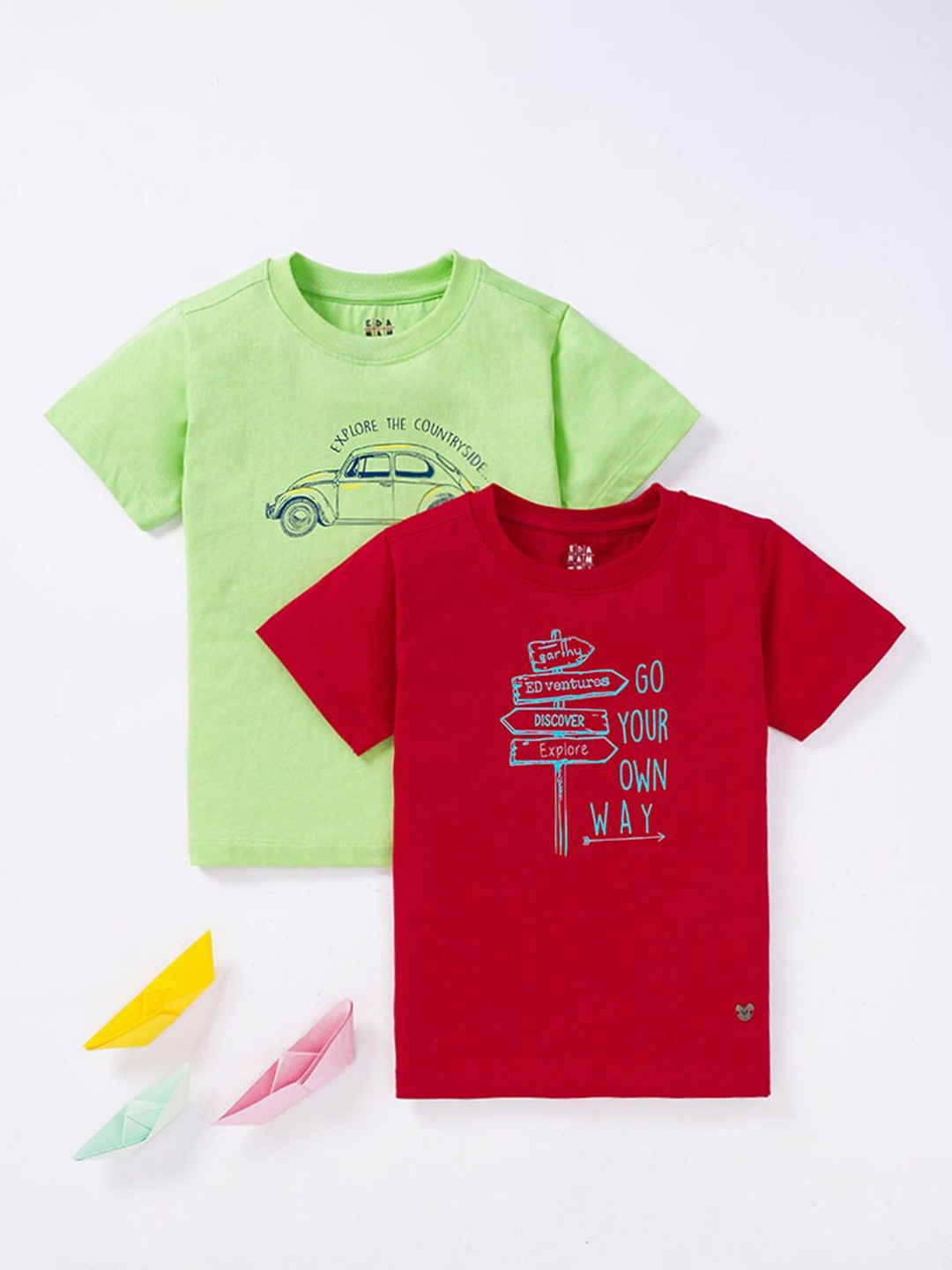 

Ed-a-Mamma Boys Lime Green & Red Pack of 2 Typography Printed Cotton T-shirt
