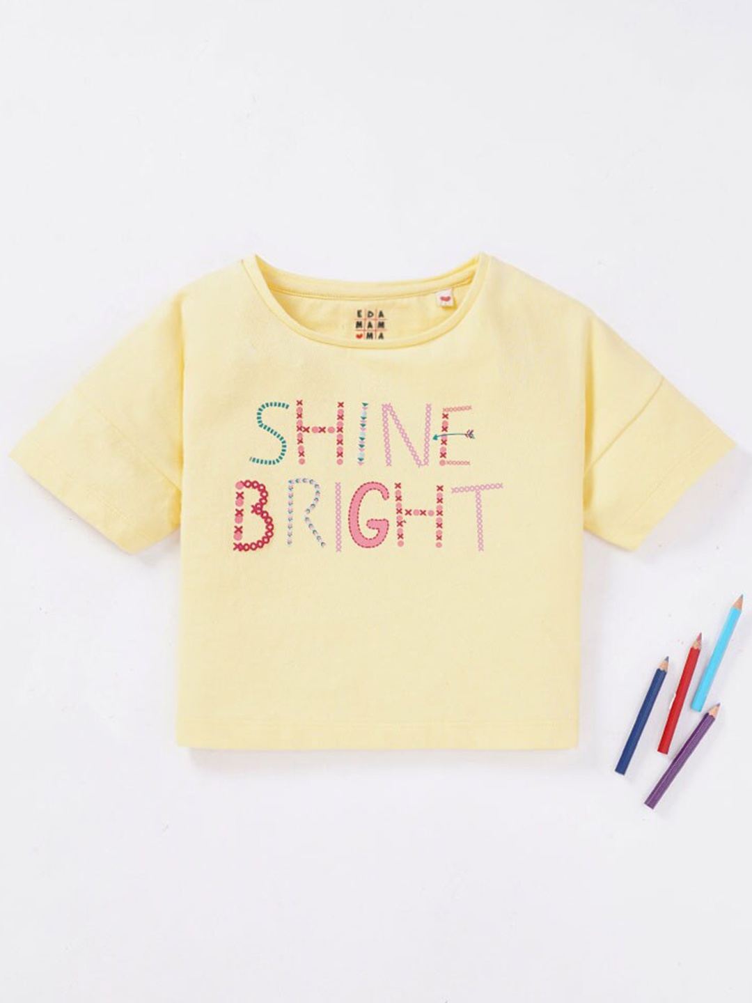 

Ed-a-Mamma Girls Yellow Typography Printed Cotton T-shirt