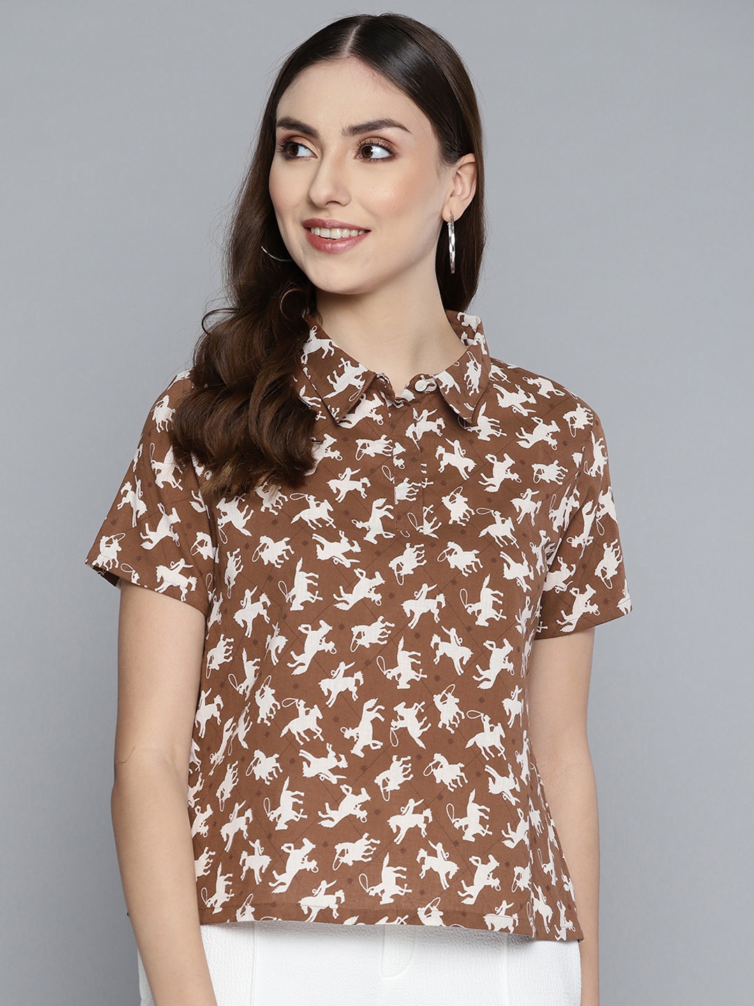 

HERE&NOW Brown & Off White Print Pure Cotton Shirt Style Top