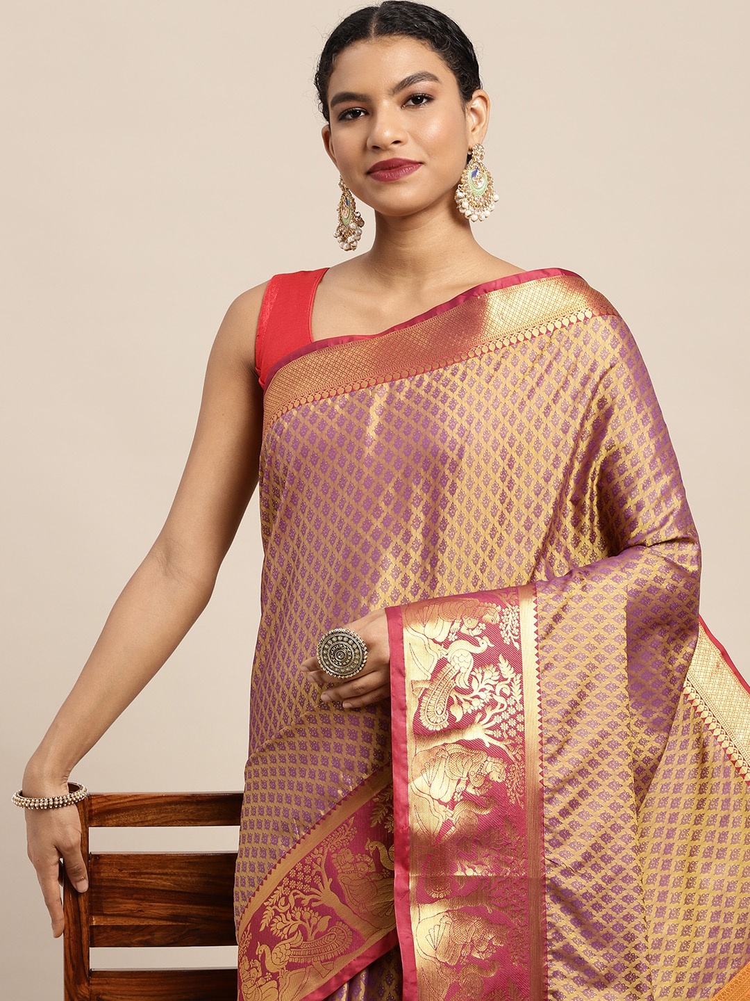

Silk Land Purple & Golden Ethnic Motifs Zari Banarasi Saree