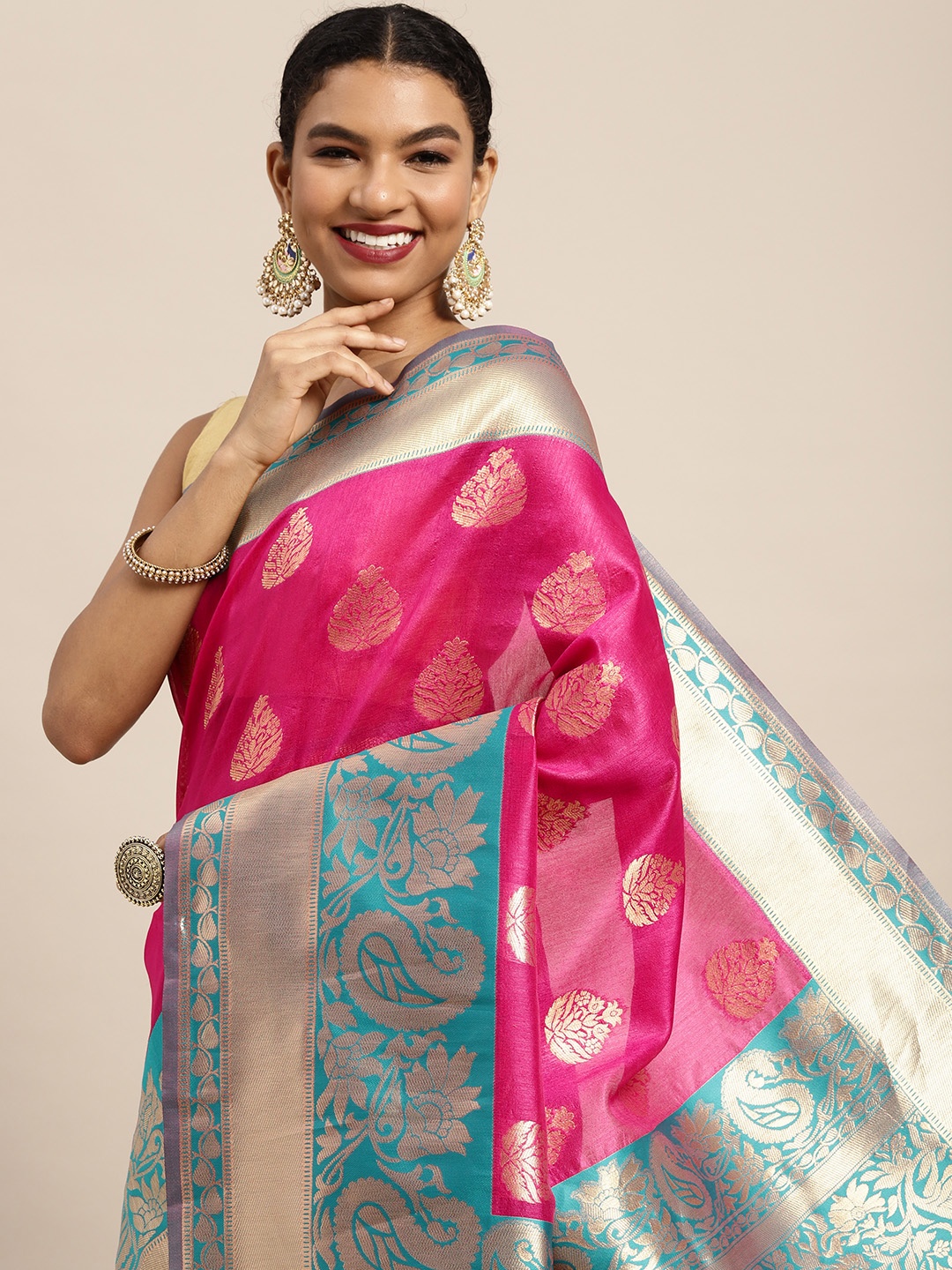 

Silk Land Pink & Golden Ethnic Motifs Zari Banarasi Saree