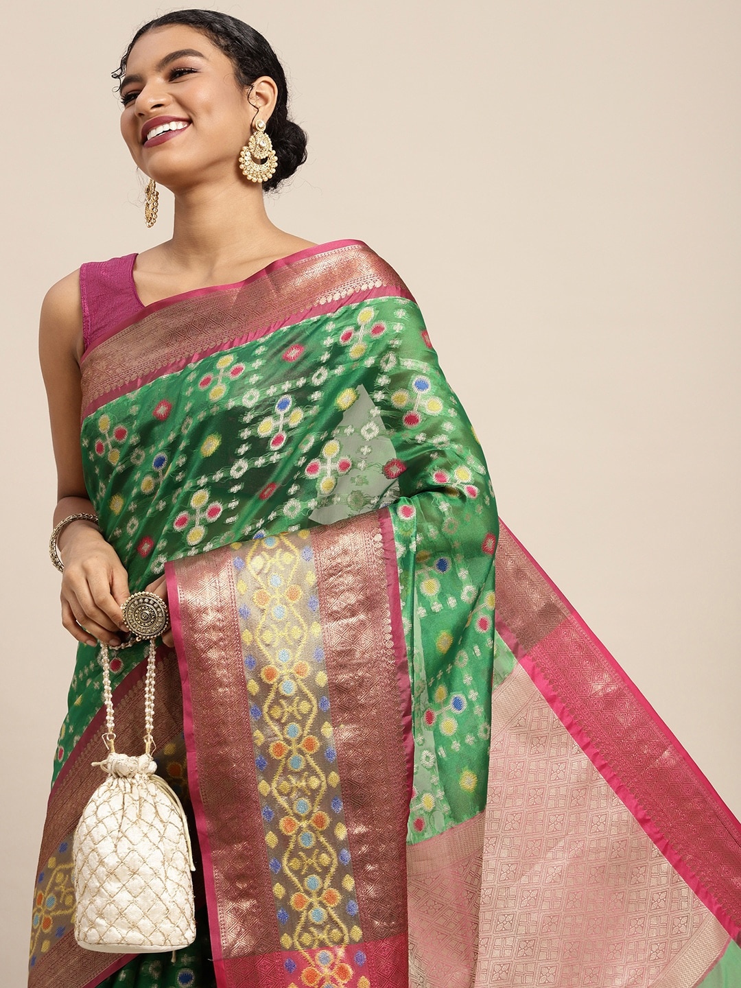 

Silk Land Green & Beige Bandhani Zari Pochampally Saree