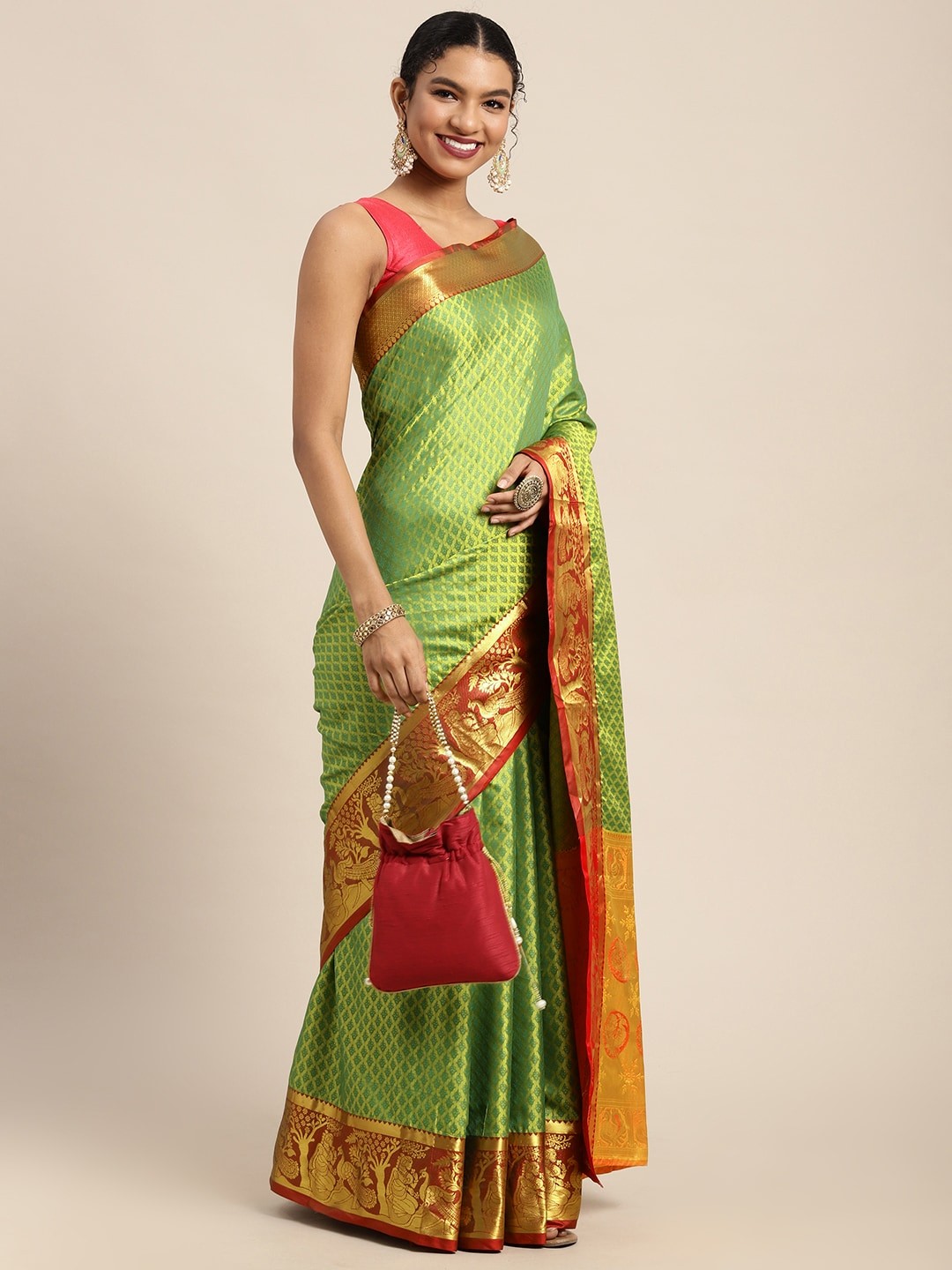 

Silk Land Green & Golden Ethnic Motifs Zari Pure Silk Banarasi Saree