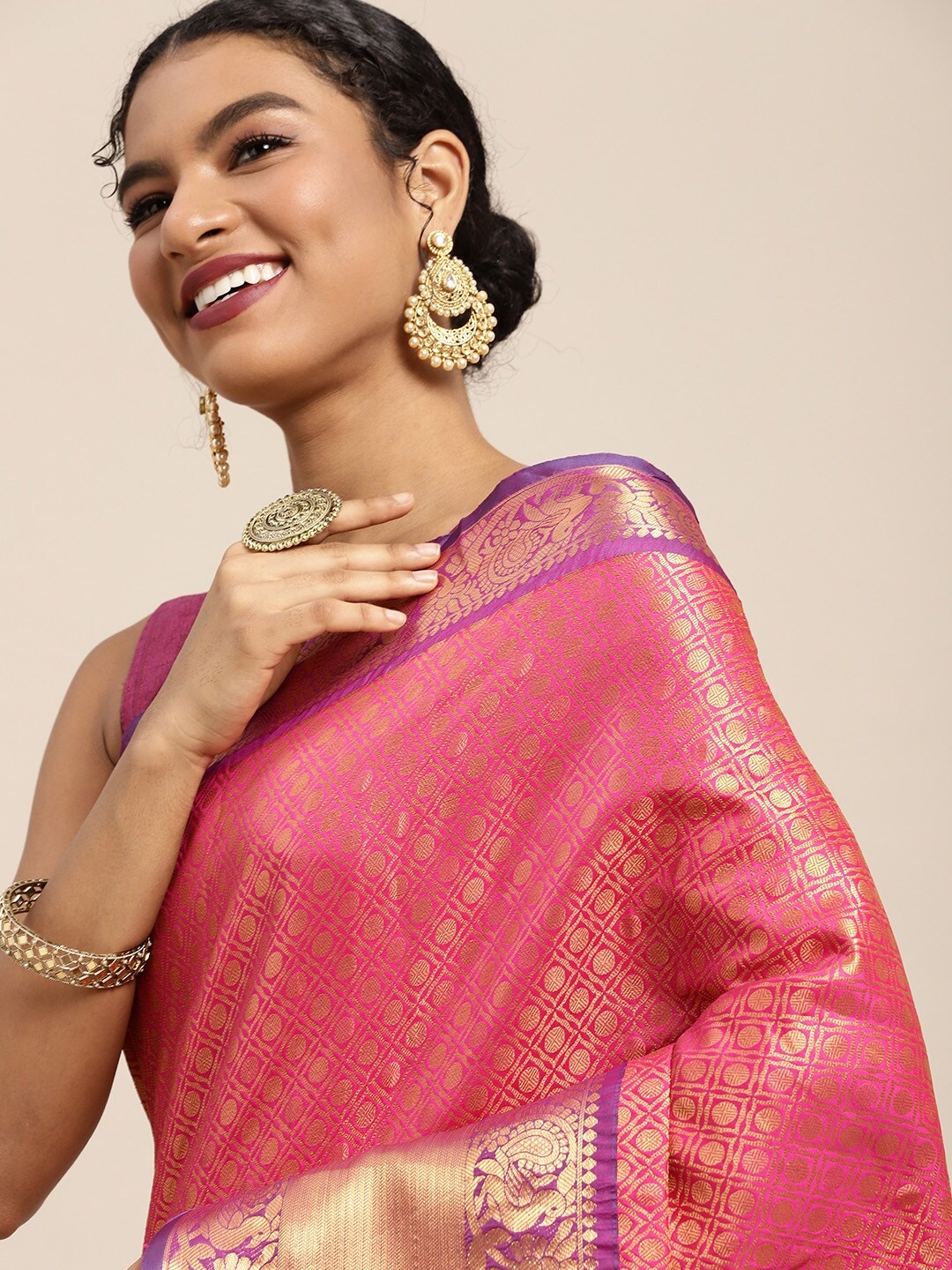 

Silk Land Pink & Golden Zari Banarasi Saree