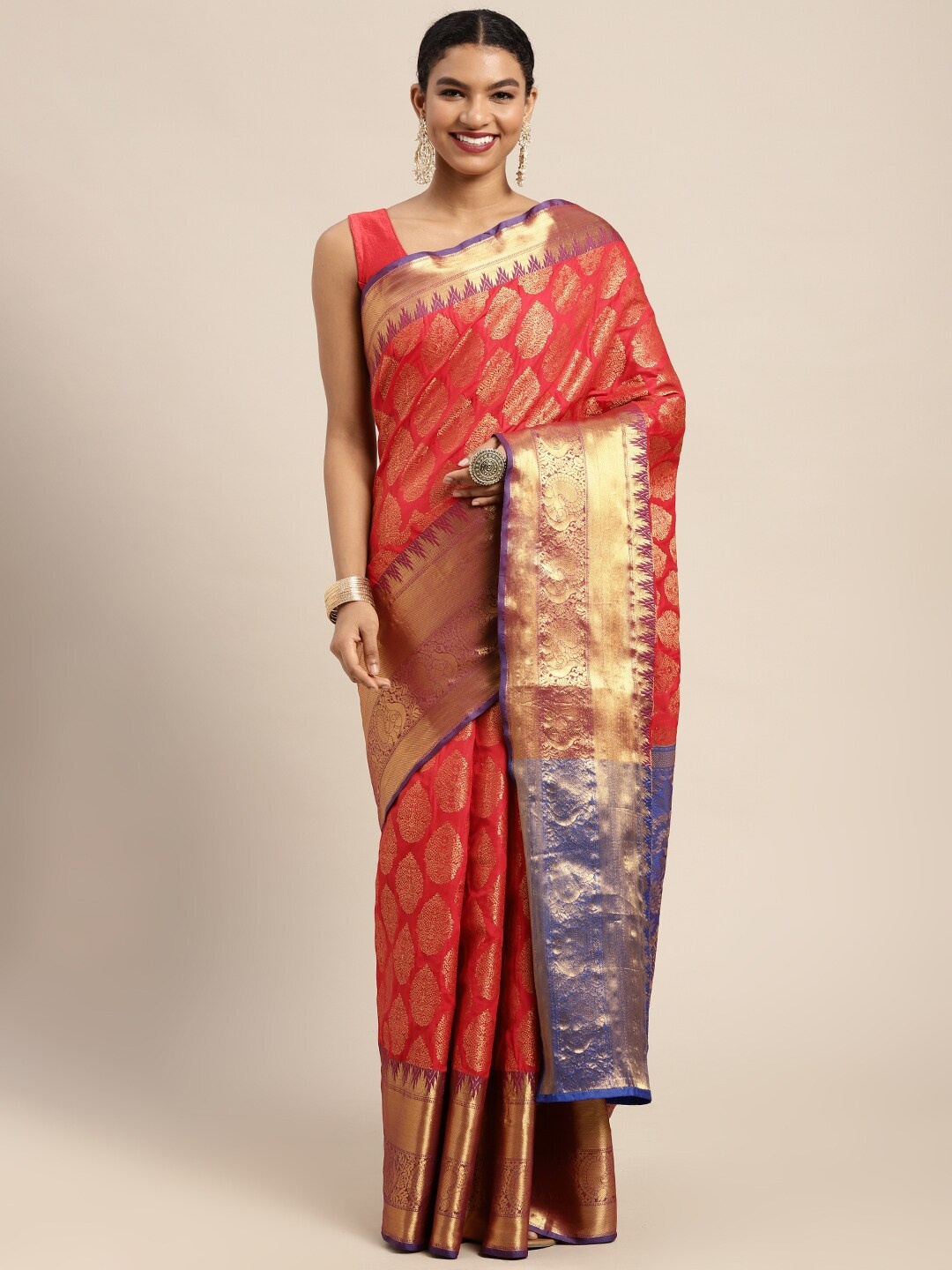 

Silk Land Red & Golden Floral Zari Banarasi Saree