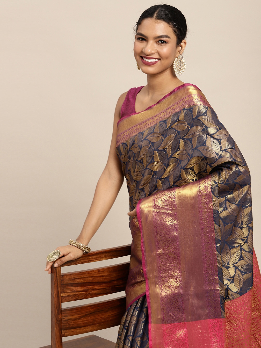 

Silk Land Navy Blue & Golden Floral Zari Banarasi Saree