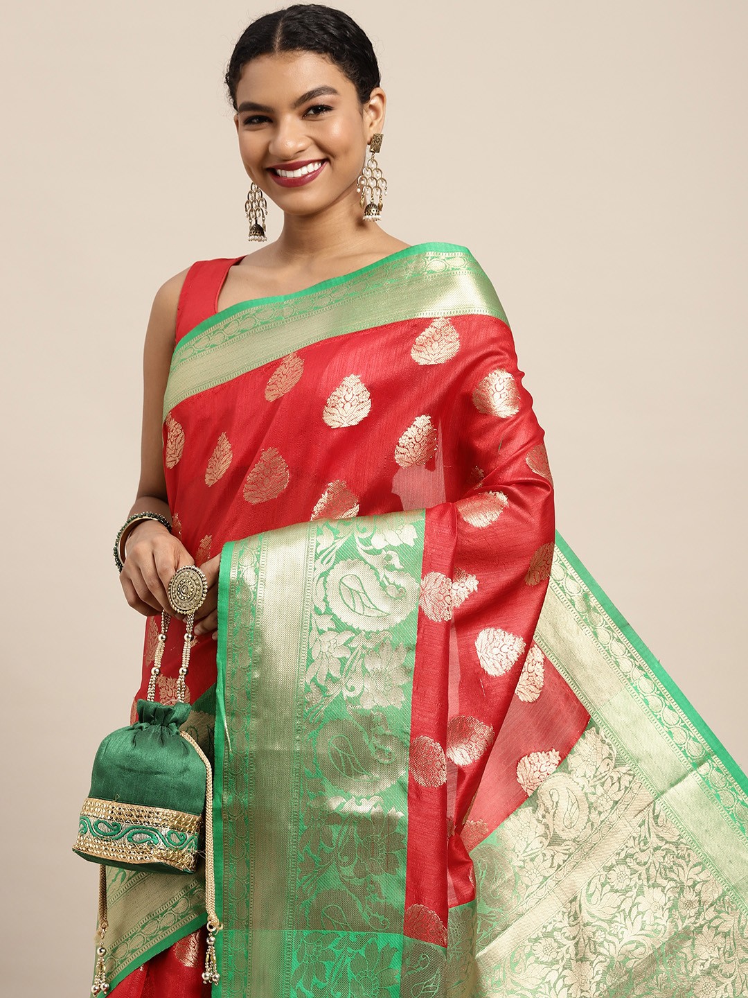 

Silk Land Red & Golden Ethnic Motifs Zari Banarasi Saree