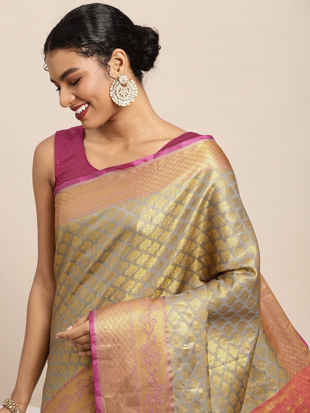 

Silk Land Grey & Golden Ethnic Motifs Zari Kanjeevaram Saree