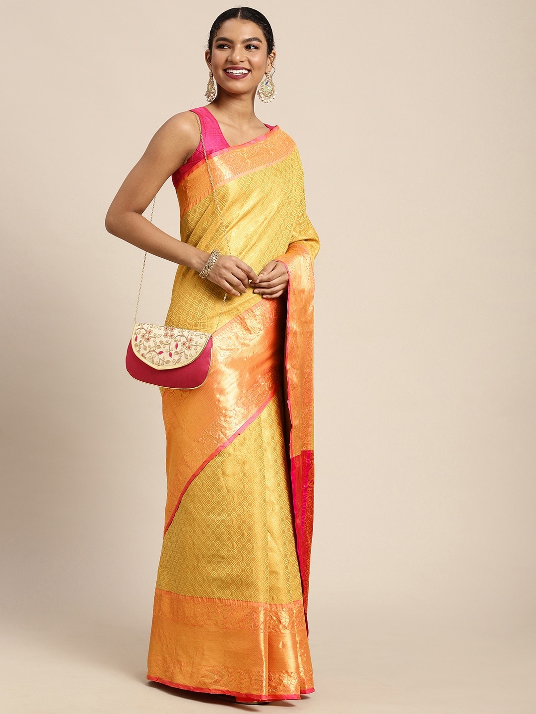 

Silk Land Mustard Yellow & Golden Zari Banarasi Saree